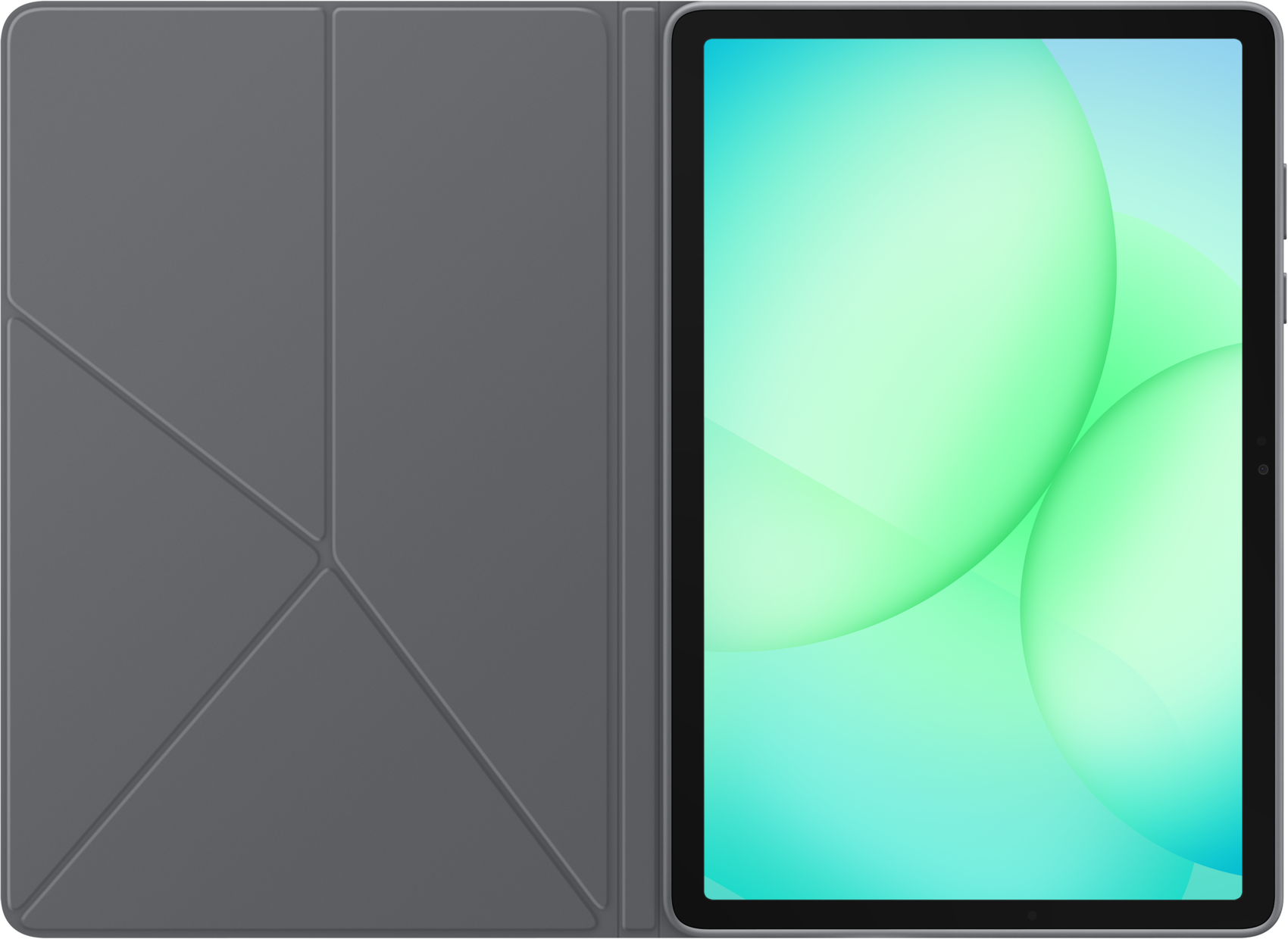 Tablette avec étui gris ouvert, affichant un fond dégradé vert et bleu. L'étui est plié sur la gauche.