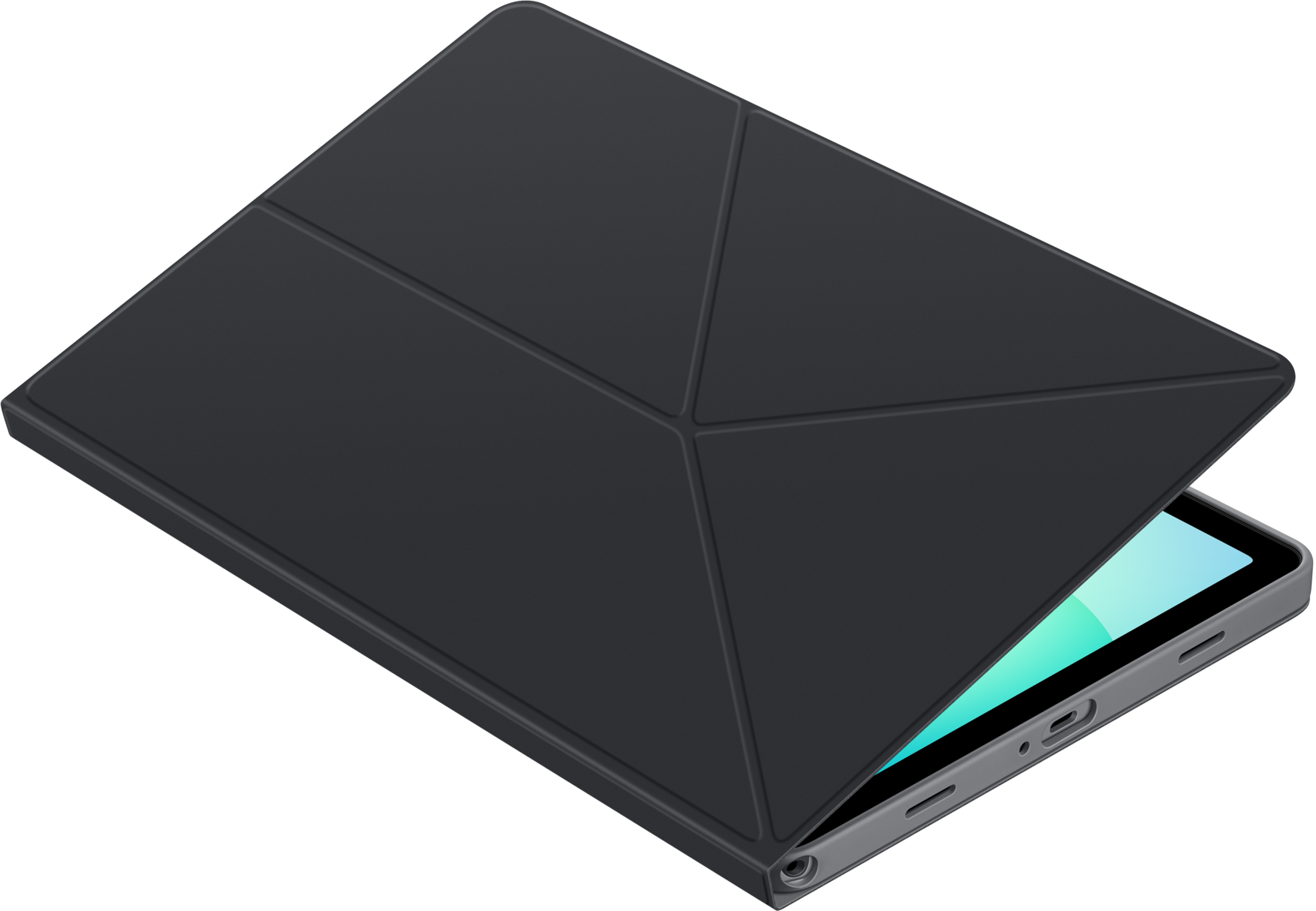 Une tablette noire avec une housse pliante légèrement ouverte, révélant l'écran. Le fond est noir.
