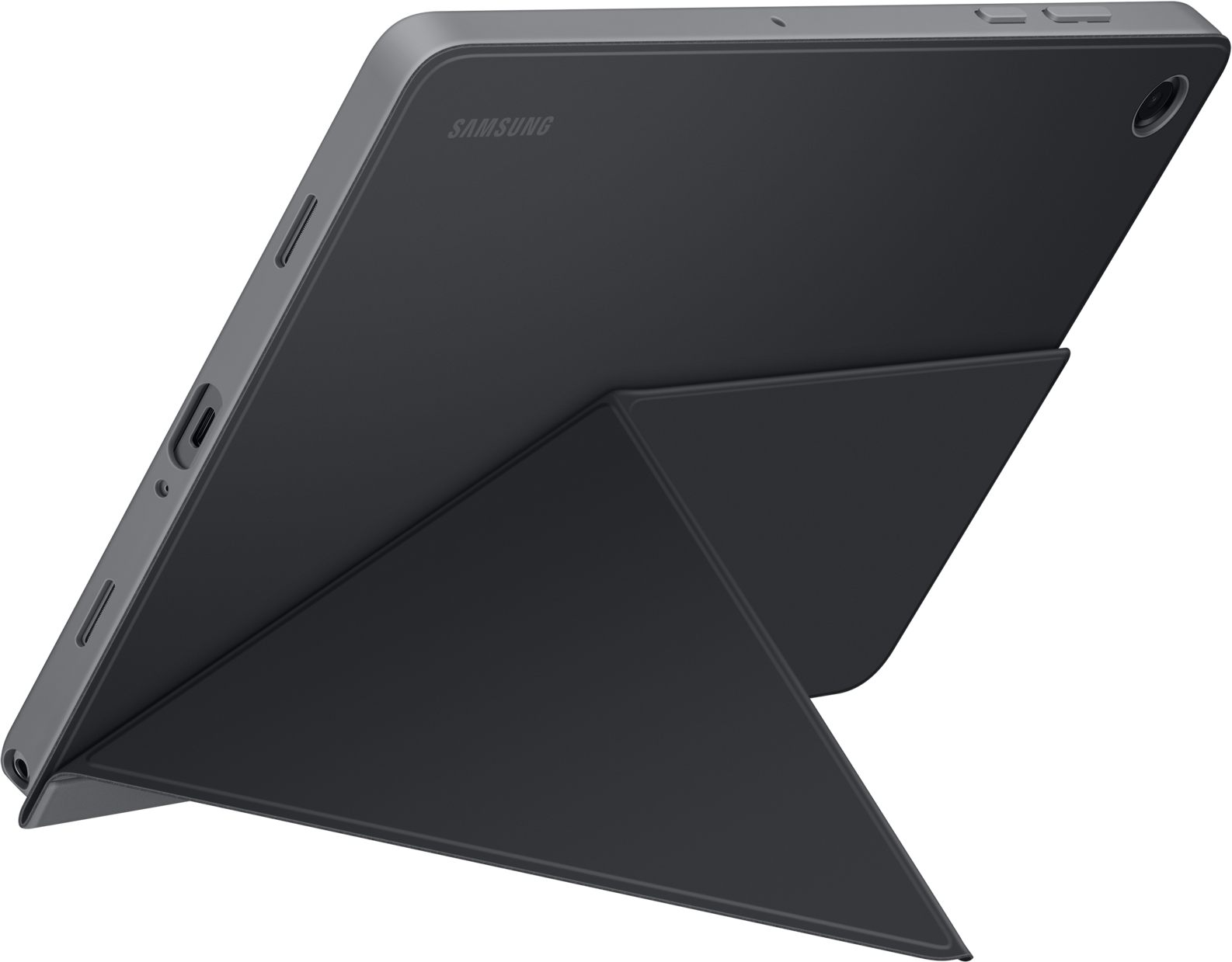Une tablette Samsung gris foncé avec une coque assortie. La coque est pliée pour soutenir la tablette. Le logo Samsung est visible.