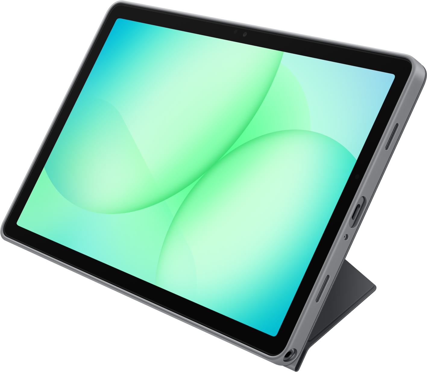 Une tablette avec un écran dégradé vert clair et bleu, dans un étui gris, reposant sur un support. Fond noir.
