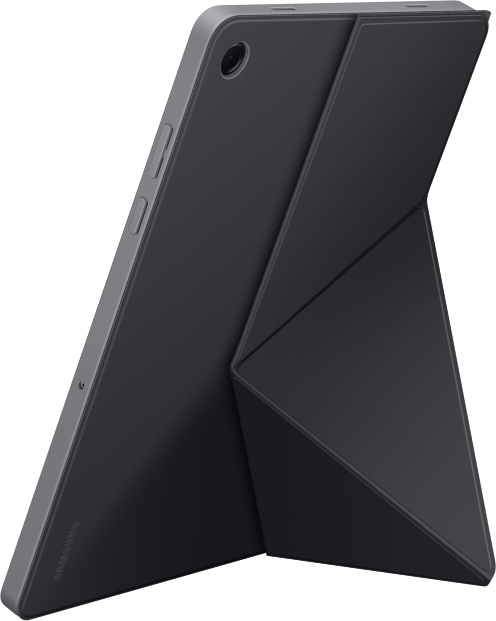 Une tablette Samsung noire avec un étui gris foncé et une caméra. L'étui est plié pour faire tenir la tablette debout.