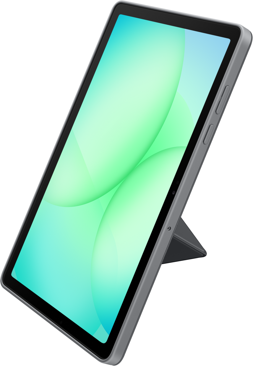 Tablette avec écran vert et bleu, étui gris et support. L'écran affiche de grandes formes vertes translucides.
