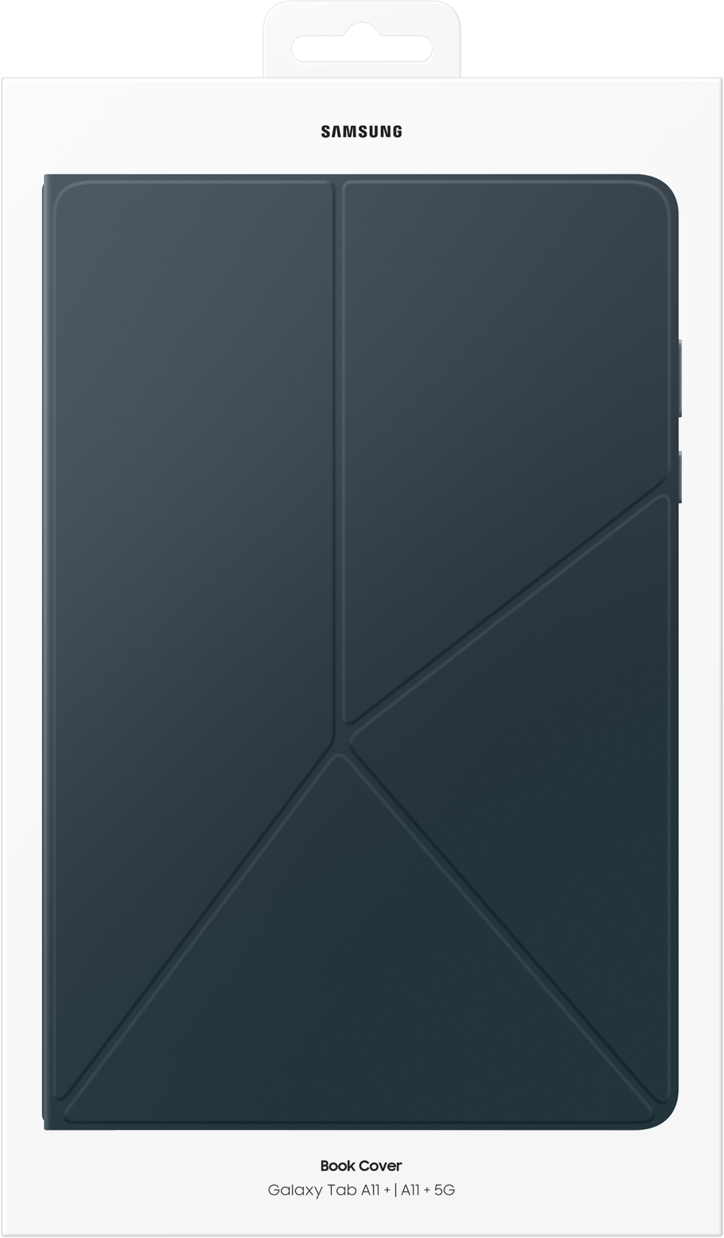 Une housse de livre Samsung dans une boîte. La housse est bleu foncé, pliée avec des lignes géométriques. La boîte est blanche avec le logo Samsung.