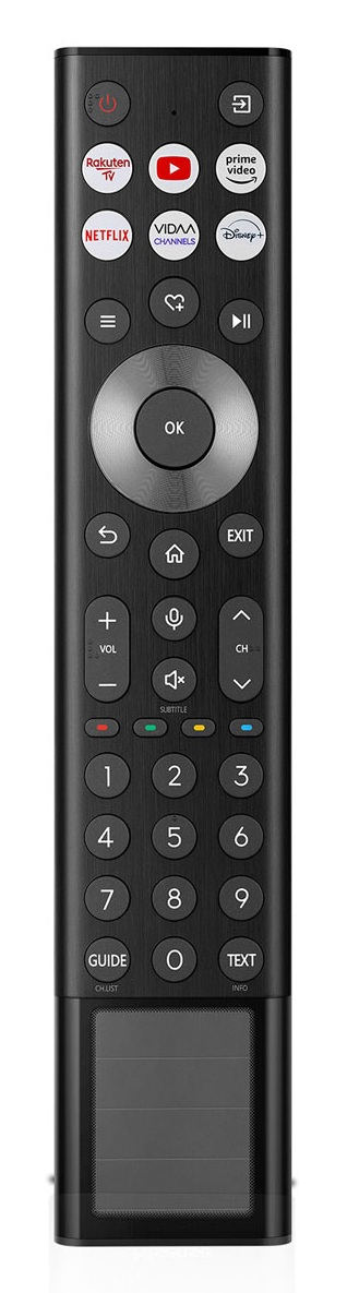Czarny pilot do telewizora z wieloma przyciskami: zasilanie, skróty do aplikacji, klawiatura numeryczna, głośność, kanał, OK i touchpad.