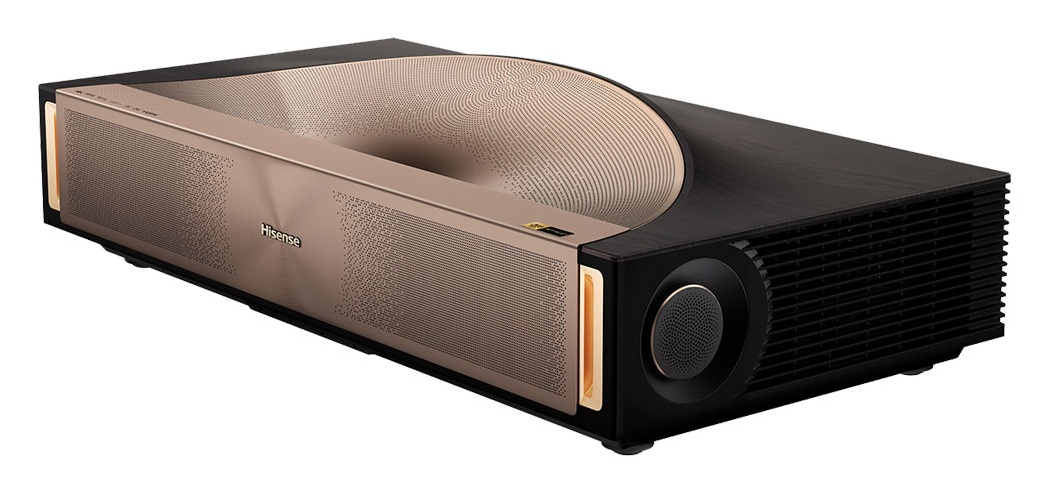 Projektor Hisense ze złotą i czarną obudową. Ma wzorzysty wierzch i kratkę głośnika.