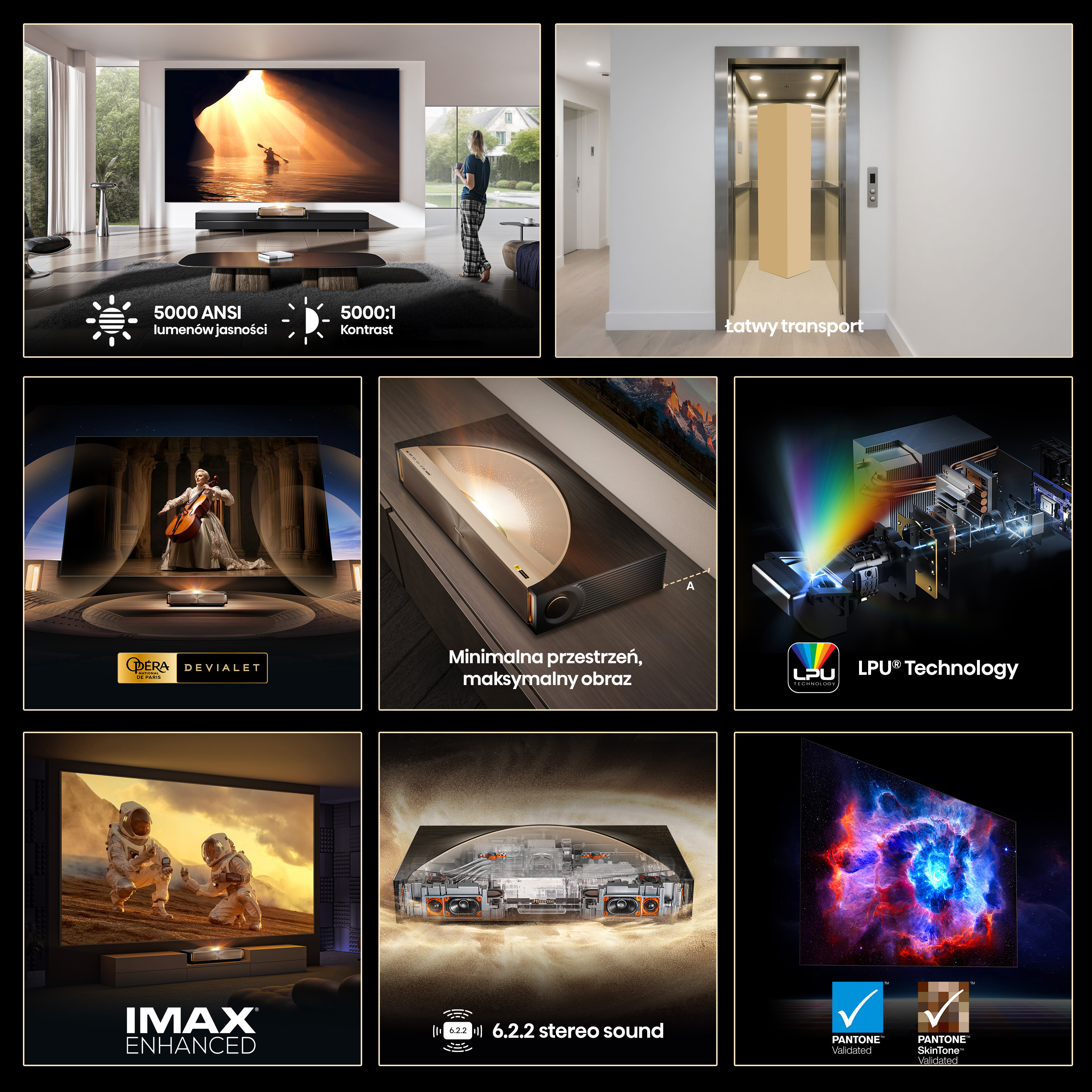 Obraz przedstawia konfigurację kina domowego z dużym ekranem, osobą i tekstem promocyjnym. Są też mniejsze obrazy.