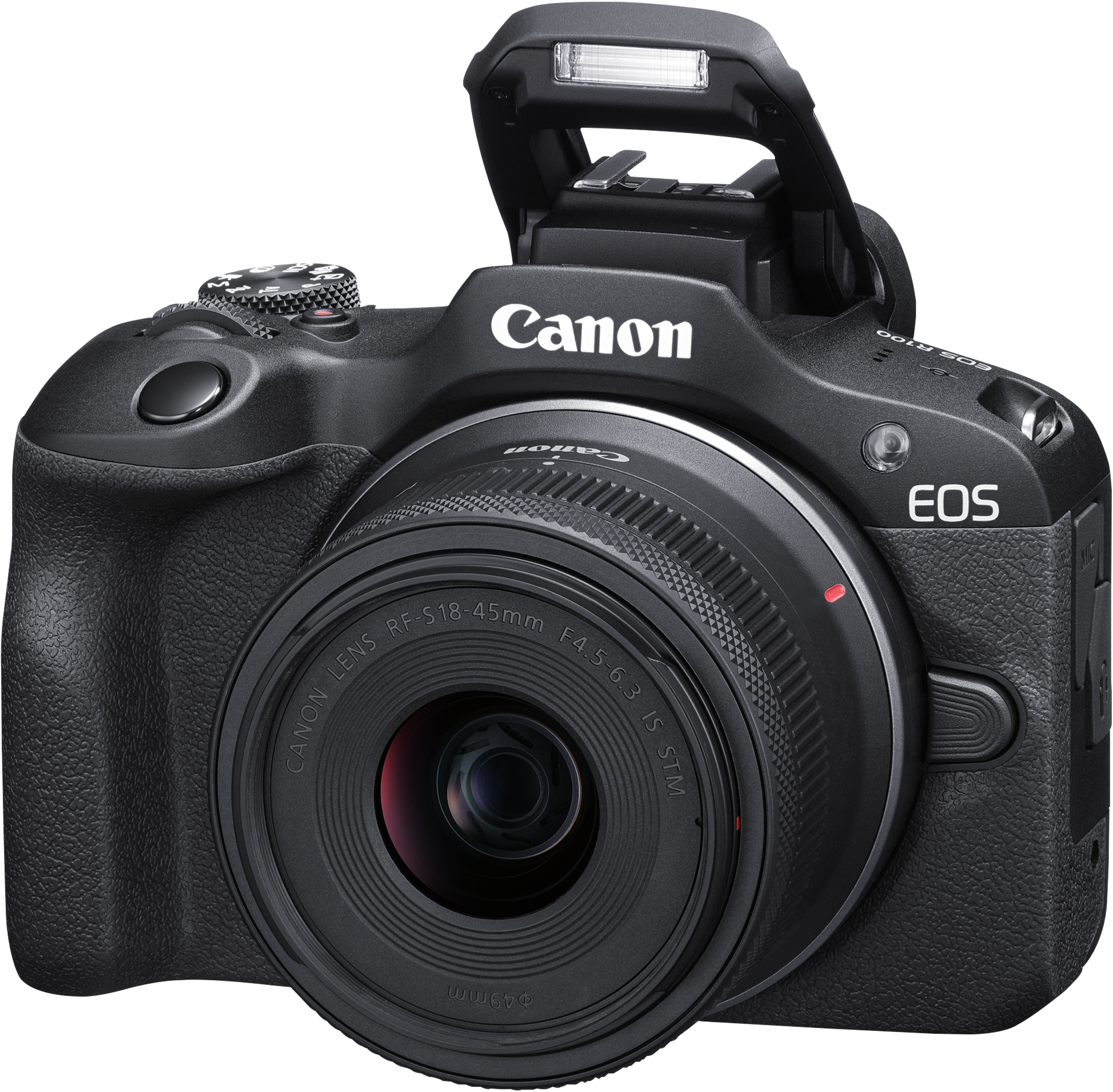 Un appareil photo Canon EOS R100 noir est présenté. Il possède un objectif, un flash et le logo Canon. L'objectif est RF-S18-45mm F4.5-6.3 IS STM.