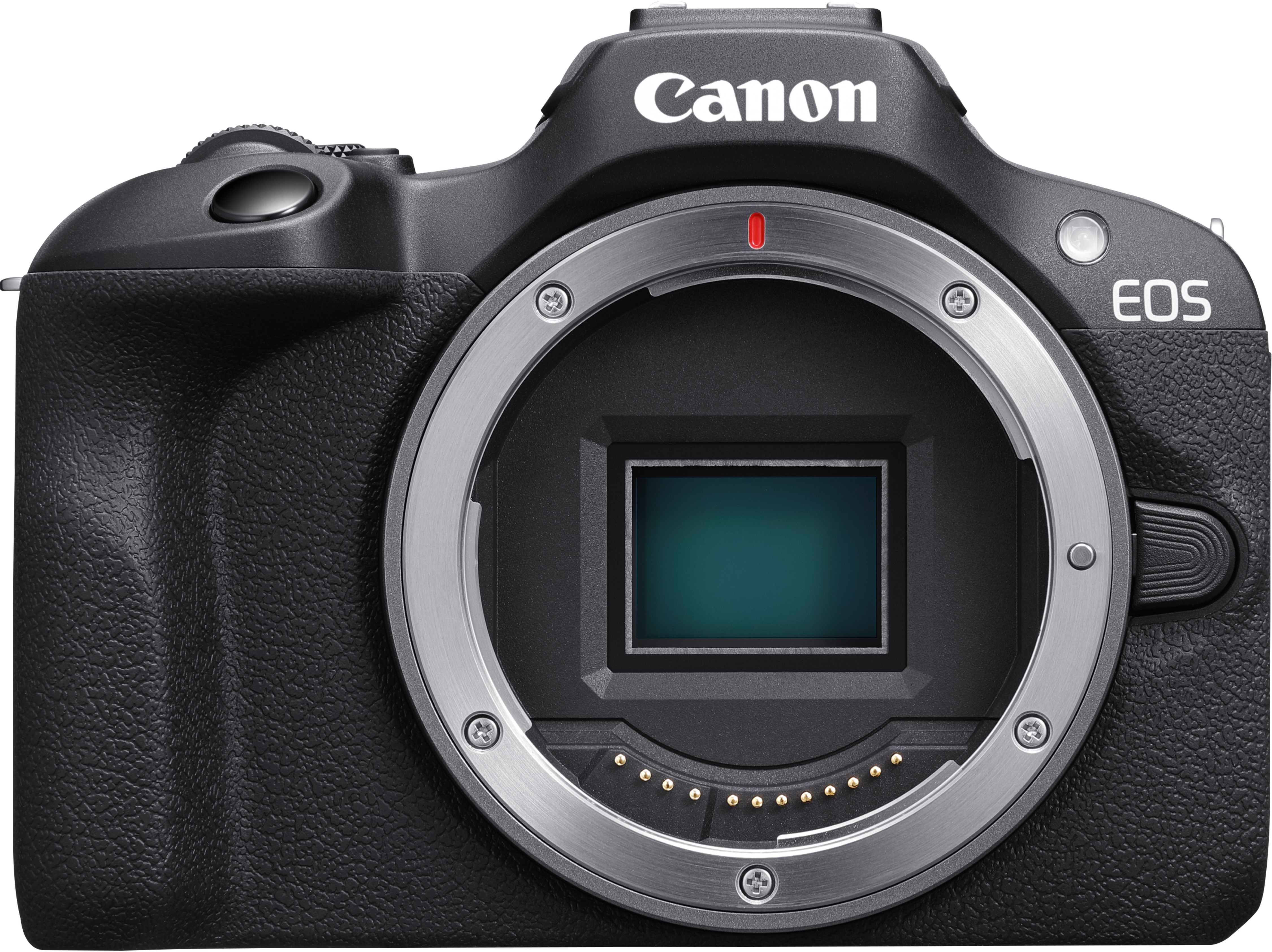 Un appareil photo Canon EOS noir. La monture d'objectif est argentée. L'appareil photo a une prise texturée. Le logo Canon est visible.