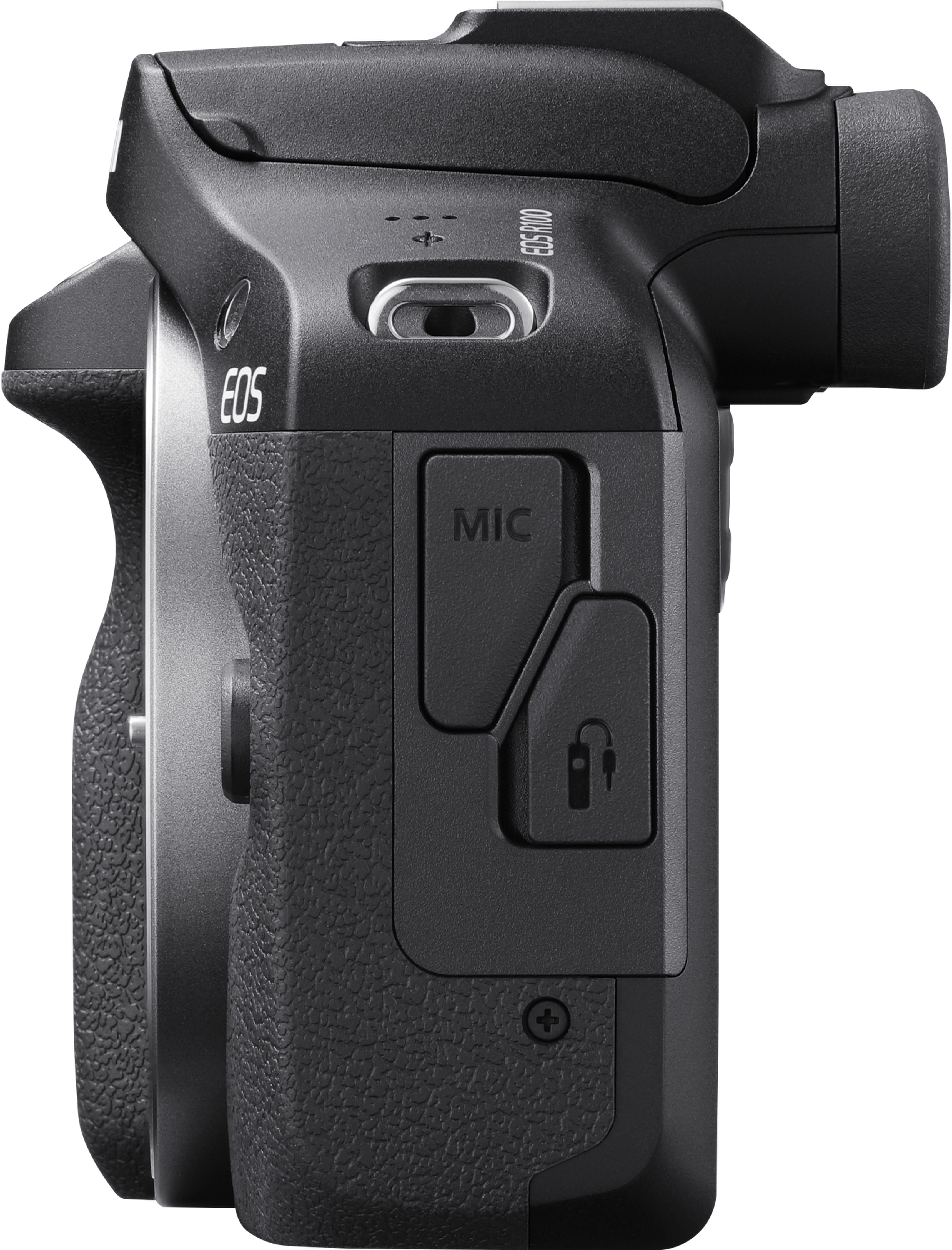 Vue latérale d'un appareil photo noir. Caractéristiques : bouton MIC, EOS R100 et port pour micro ou casque.