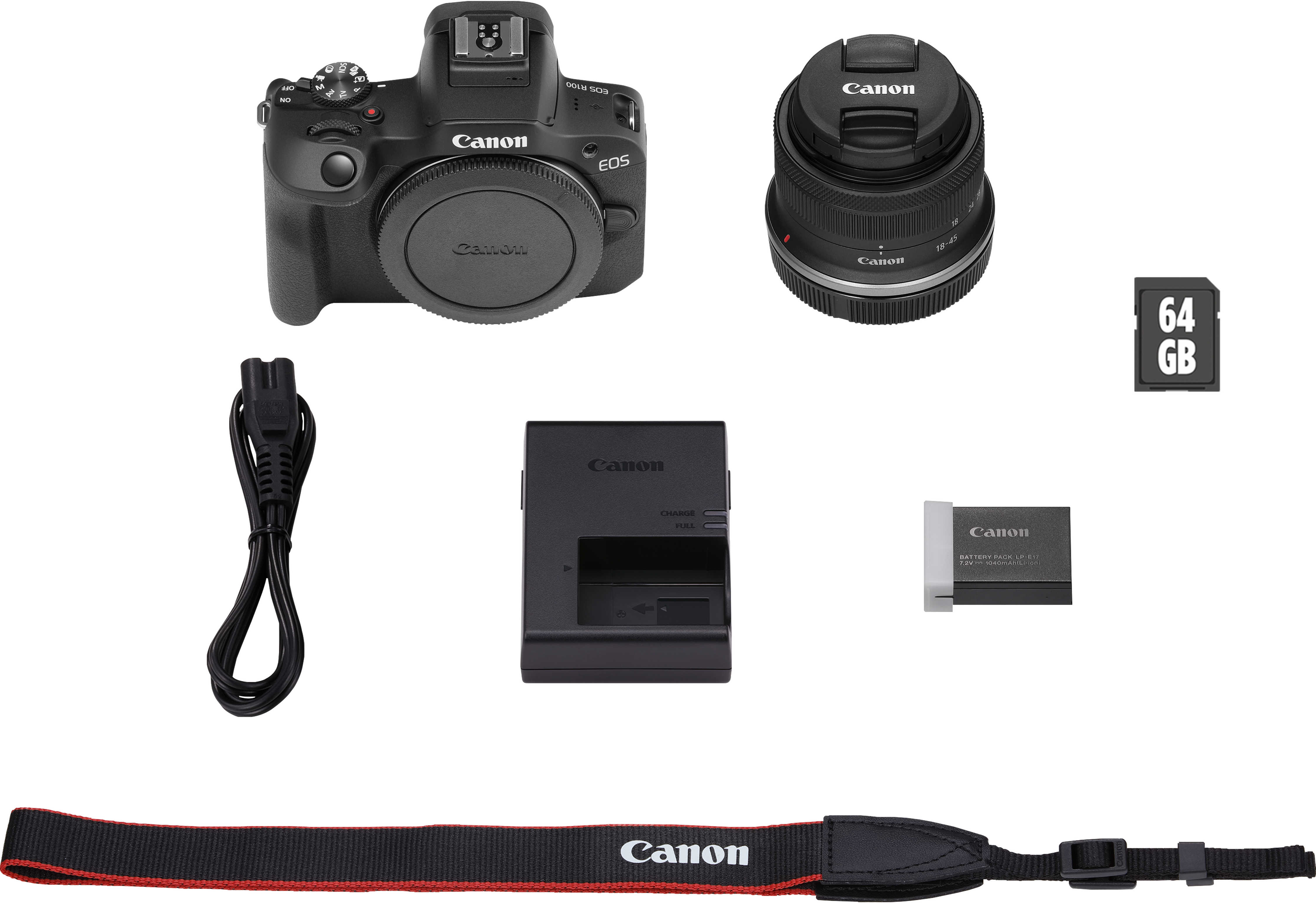 Un kit appareil photo Canon sur fond noir. Comprend appareil photo, objectif, chargeur, batterie, carte SD, sangle et cordon d'alimentation.