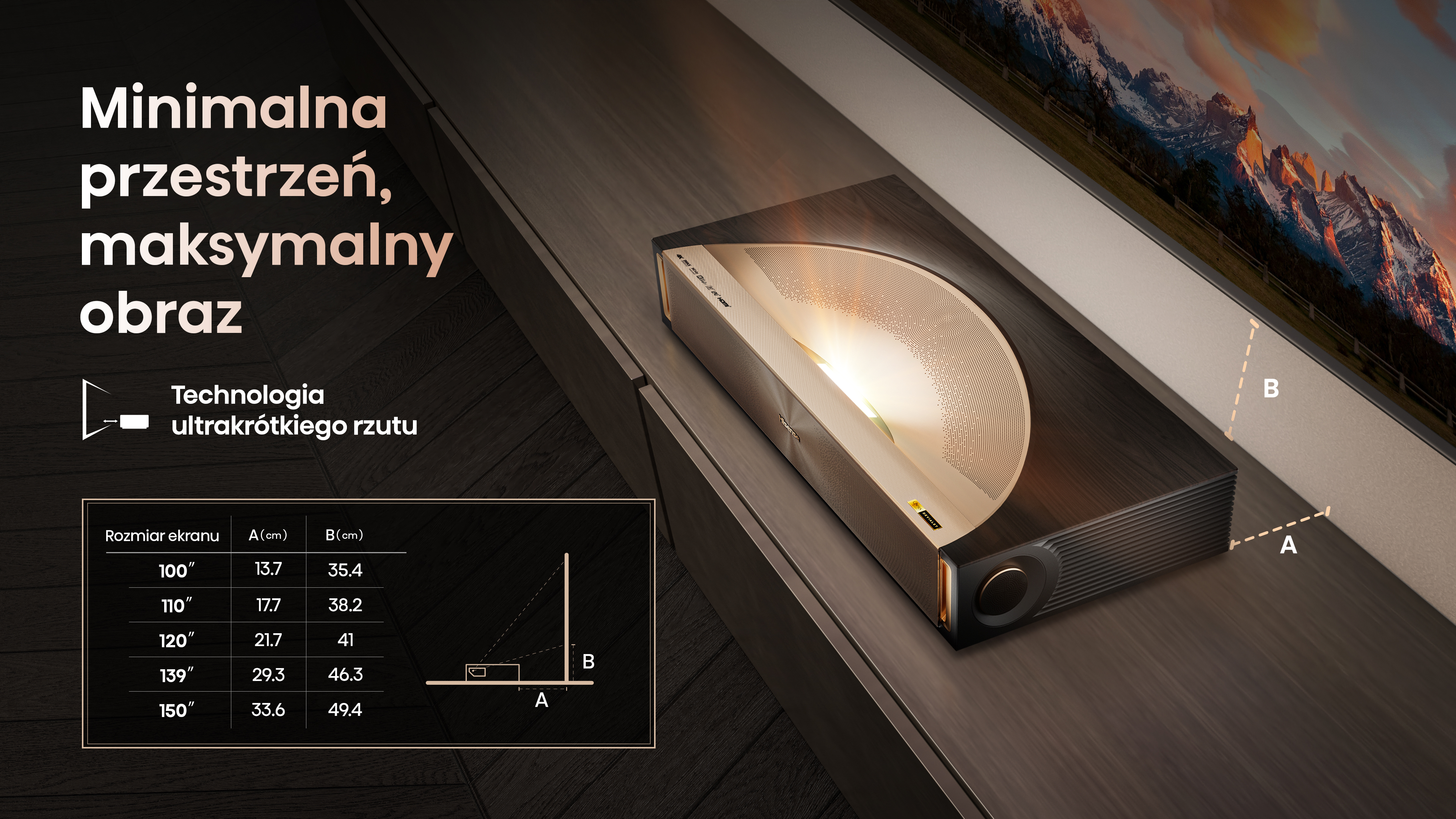Projektor na drewnianej powierzchni, wyświetlający obraz na ekranie. Tekst: Minimalna przestrzeń, maksymalny obraz.