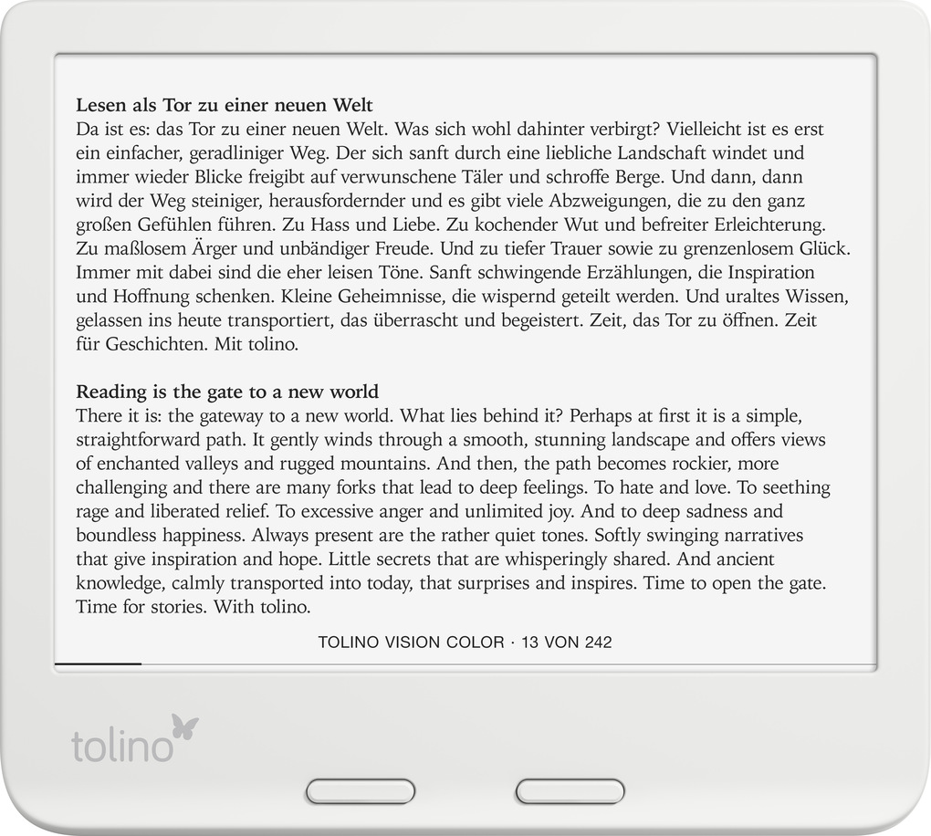 Un lettore di ebook visualizza del testo. Lo schermo mostra testo in inglese e tedesco. Un logo è in basso.