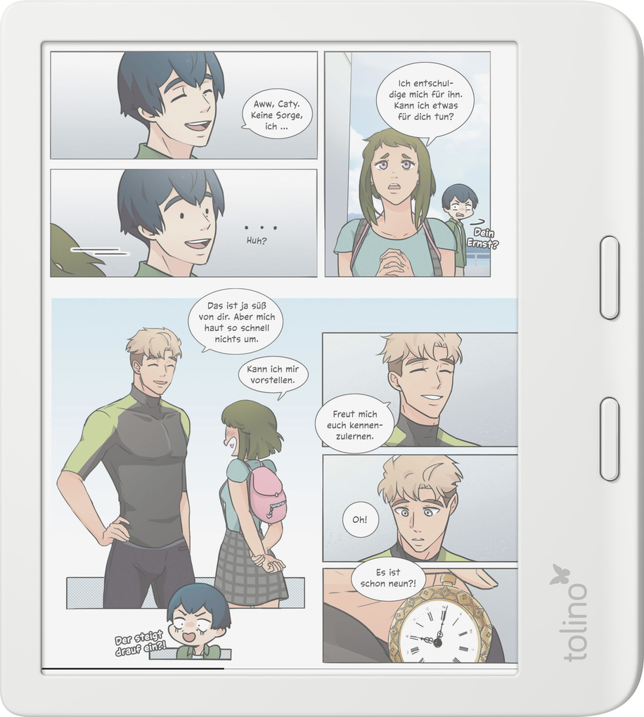 Fumetto su un e-reader. I personaggi conversano in fumetti. Le scene includono primi piani e interazioni di gruppo.