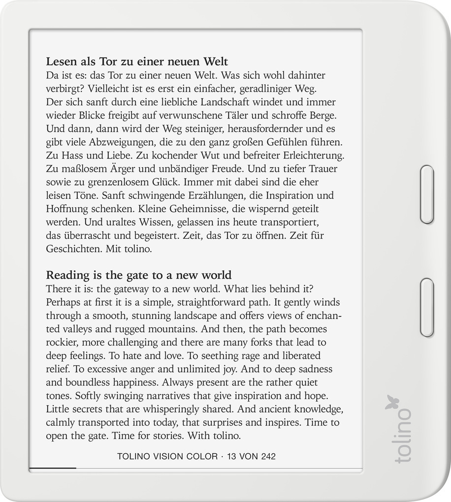 Un e-reader mostra testo in inglese e tedesco. Il dispositivo è bianco, con bordo grigio e il marchio 'tolino'.