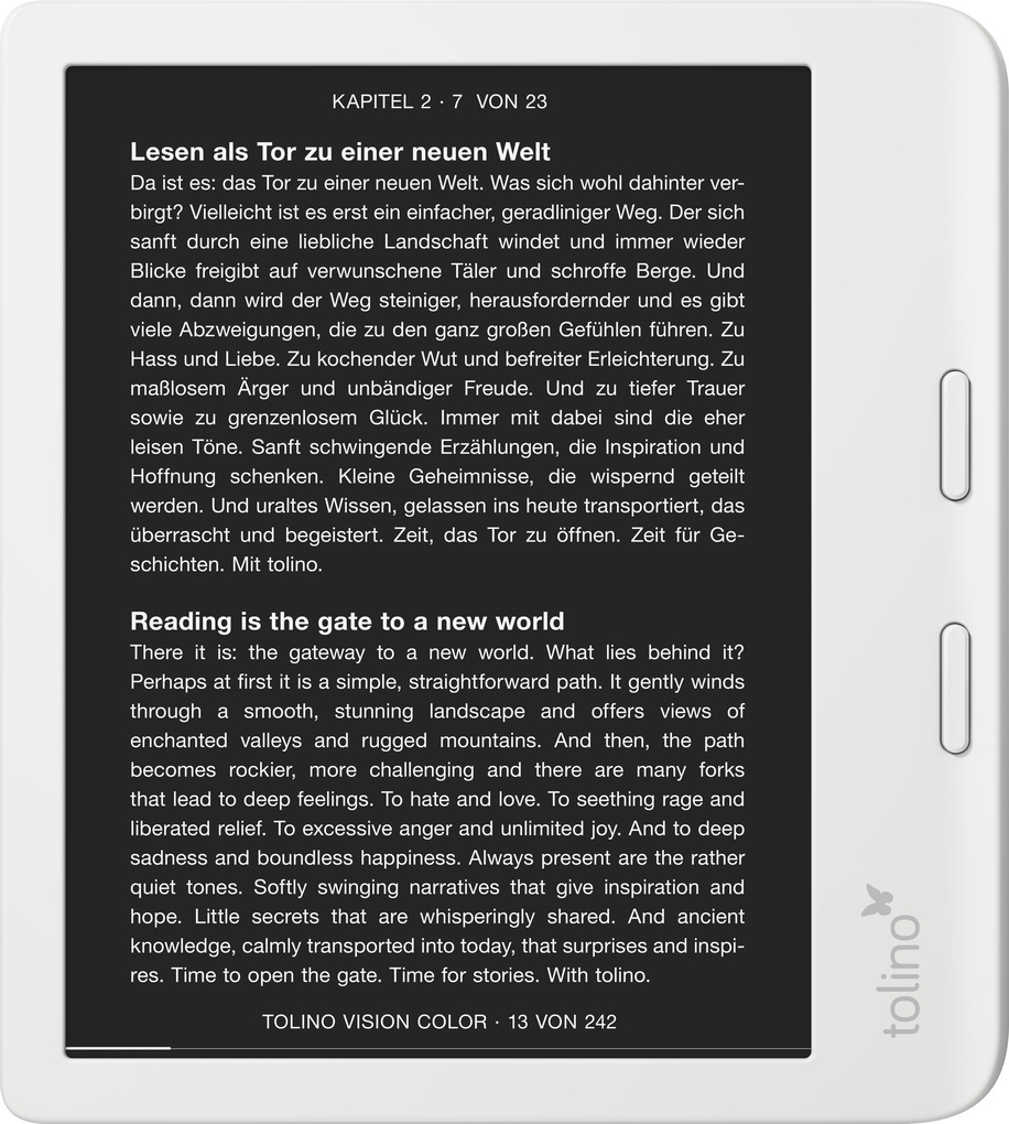 Un e-reader visualizza testo in inglese e tedesco. Lo schermo è bianco, con un logo in basso a destra.