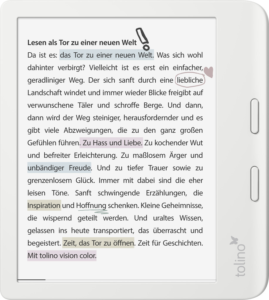 Un e-reader mostra un testo tedesco sulla lettura. Lo schermo è bianco. Un'icona a forma di cuore è vicino alla parola 'lieblich'.