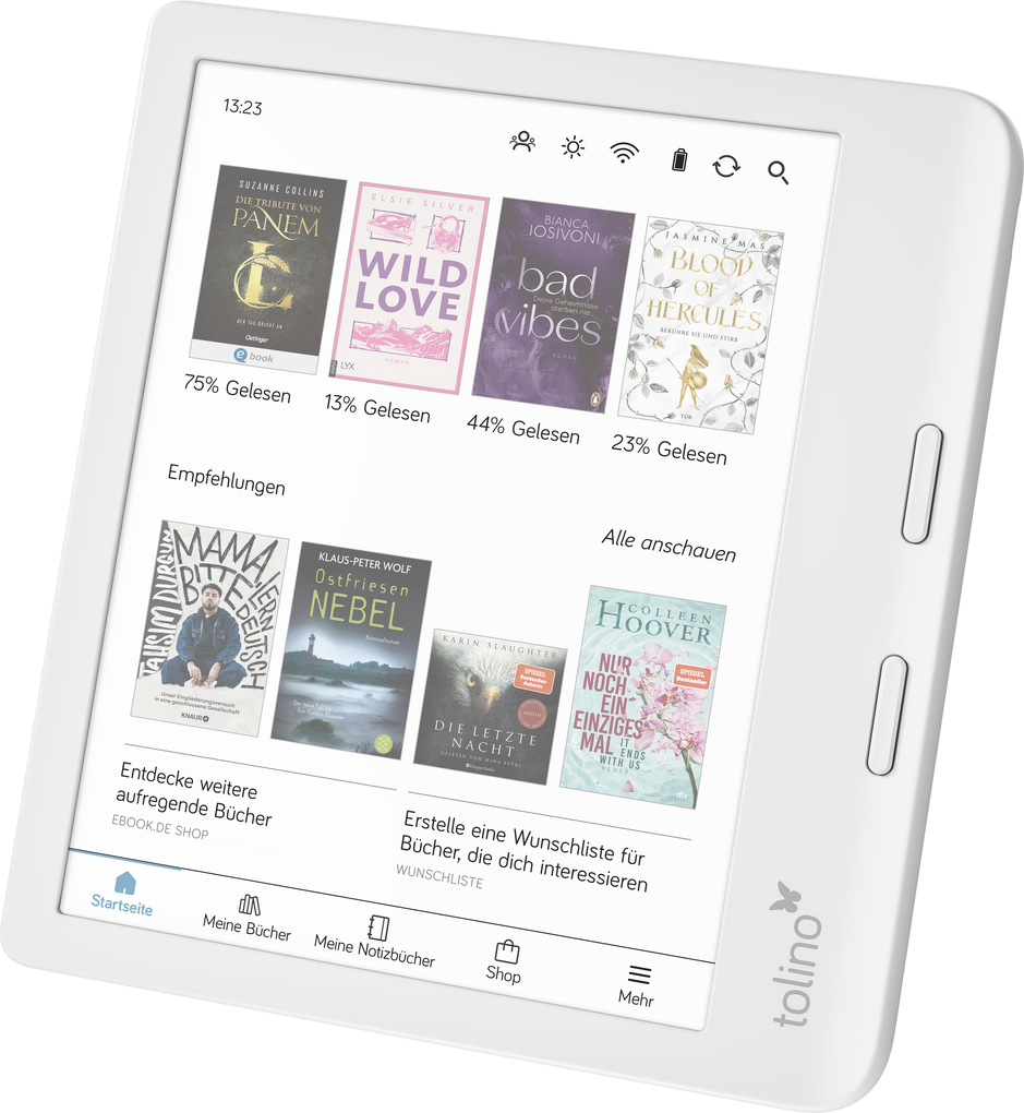 Un e-reader mostra copertine di libri: Panem, Wild Love, Bad Vibes, Blood of Hercules, Mama, Nebel, Die letzte Nacht e Nur noch ein...