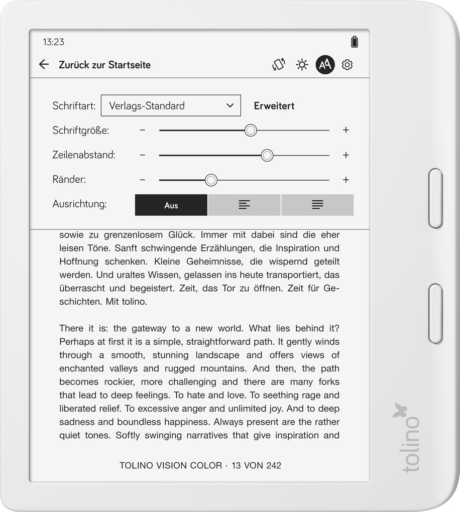 Un e-reader mostra testo con impostazioni del carattere regolabili. Lo schermo mostra un testo su un nuovo mondo con logo Tolino.