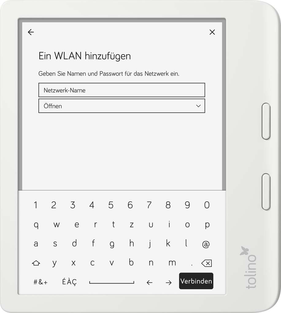 Schermo bianco di e-reader con testo tedesco e tastiera. Richiede l'aggiunta di una rete WiFi, con campi per nome e password.