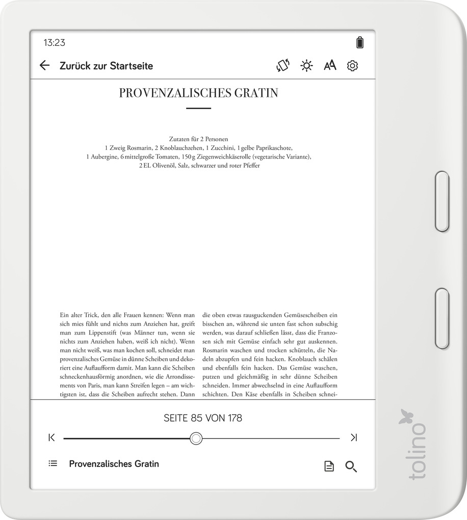 Un e-reader mostra una ricetta per la gratin provenzale, con testo e sfondo bianco.