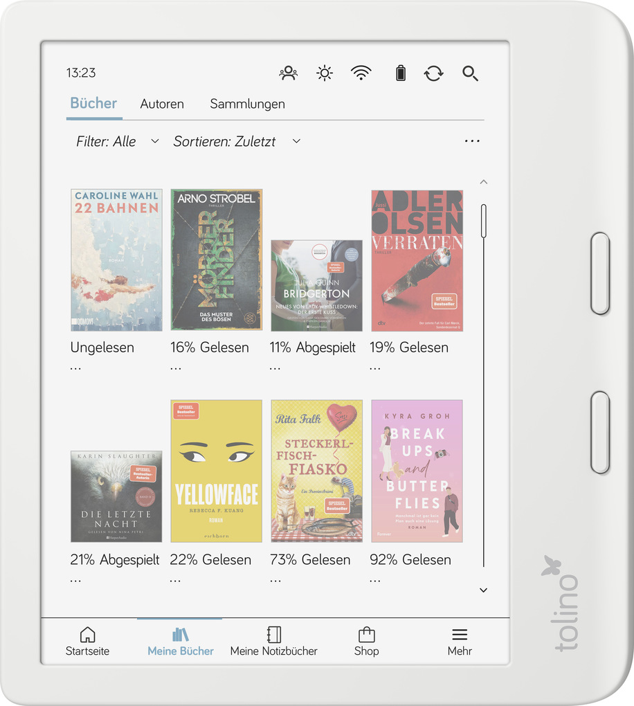 Un e-reader mostra copertine di libri. I titoli includono '22 Bahnen', 'Mörderinder' e 'Verraten'. Il dispositivo è bianco con un logo tolino.