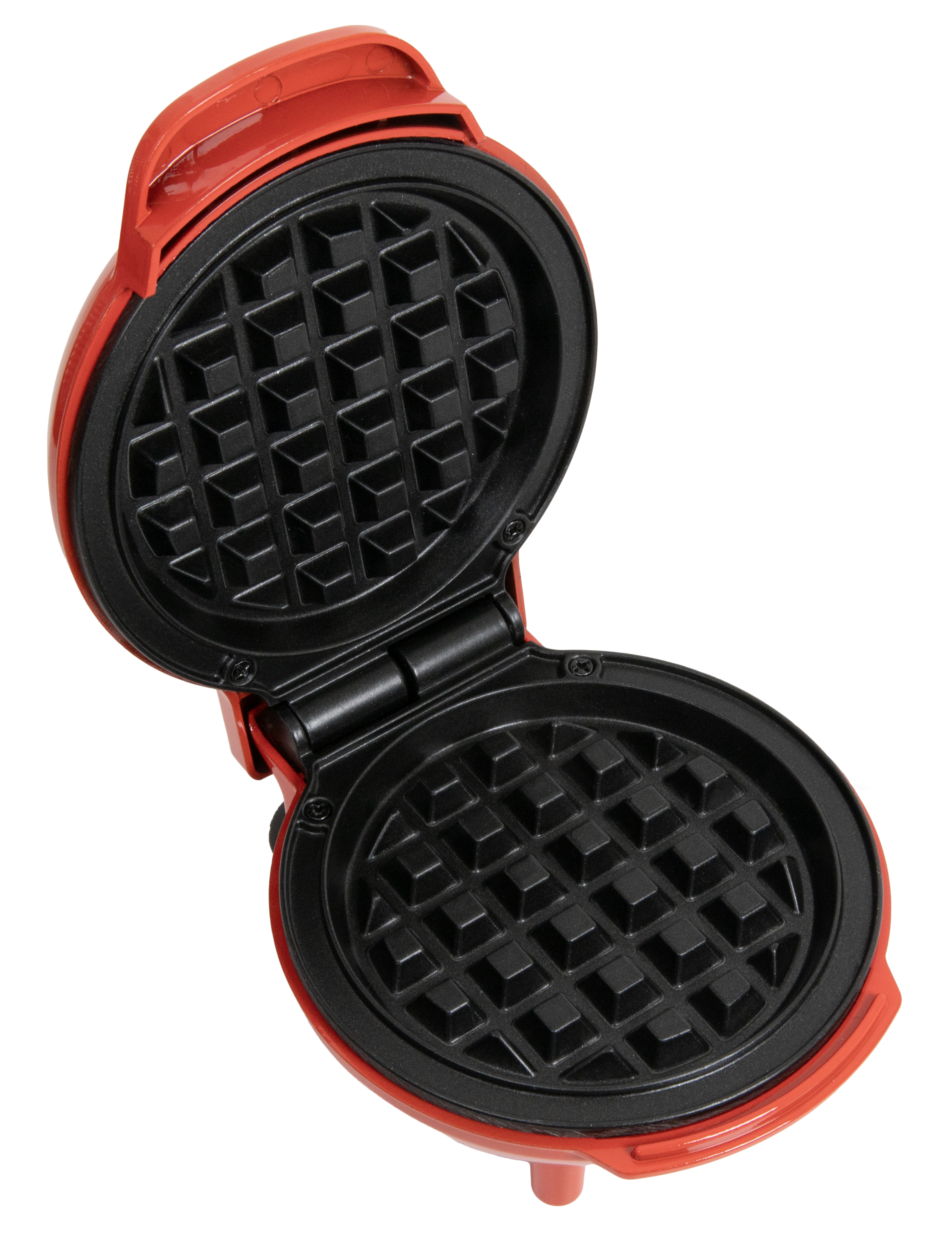 Otwarta czerwona gofrownica z czarnymi wewnętrznymi kratkami. Górna część jest otwarta, pokazując powierzchnię do gotowania i zawias.