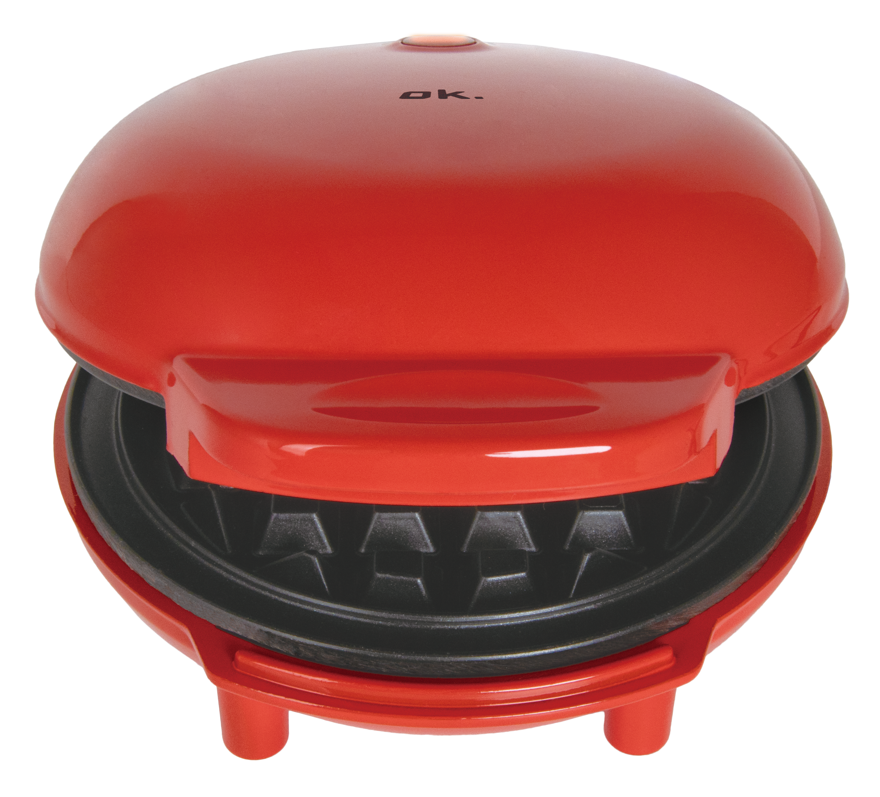 Czerwone gofrownica na czarnym tle. Góra jest otwarta. Logo OK. Czarne wnętrze. Trzy nogi.