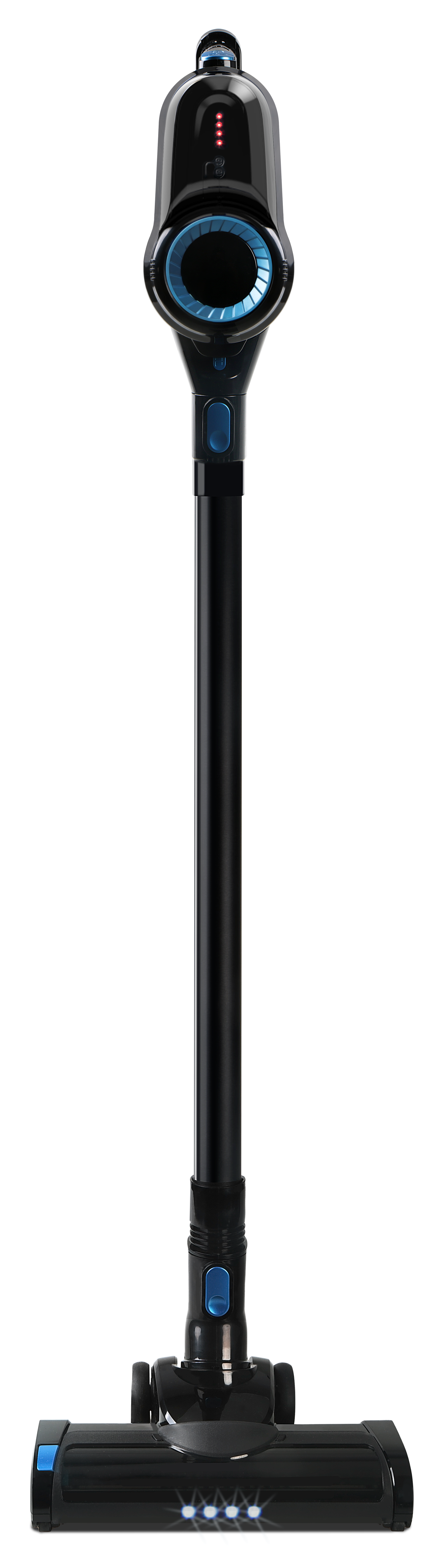 Czarny odkurzacz bezprzewodowy. Ma długi uchwyt i głowicę czyszczącą ze światłami. Widoczne są niebieskie akcenty.