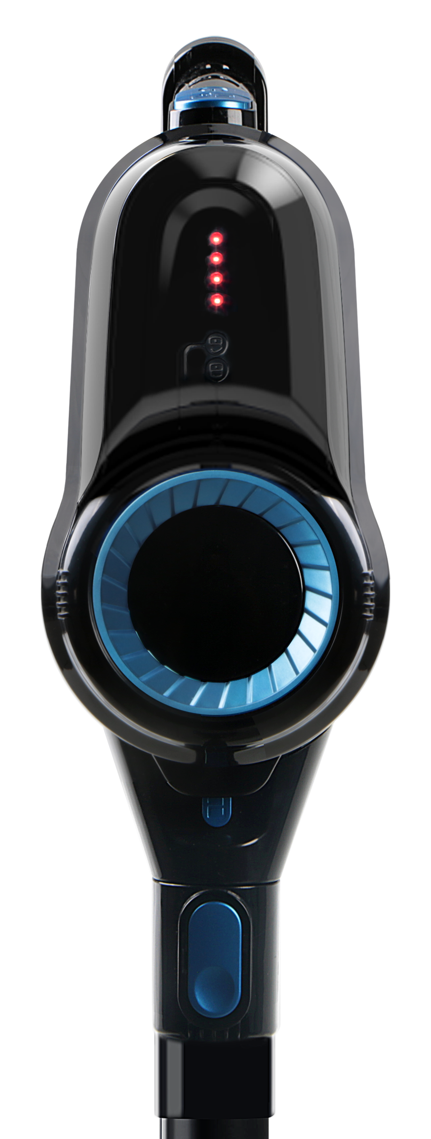 Czarny odkurzacz z niebieskimi akcentami. Posiada niebieski okrągły wentylator, czerwone wskaźniki i niebieski przycisk.