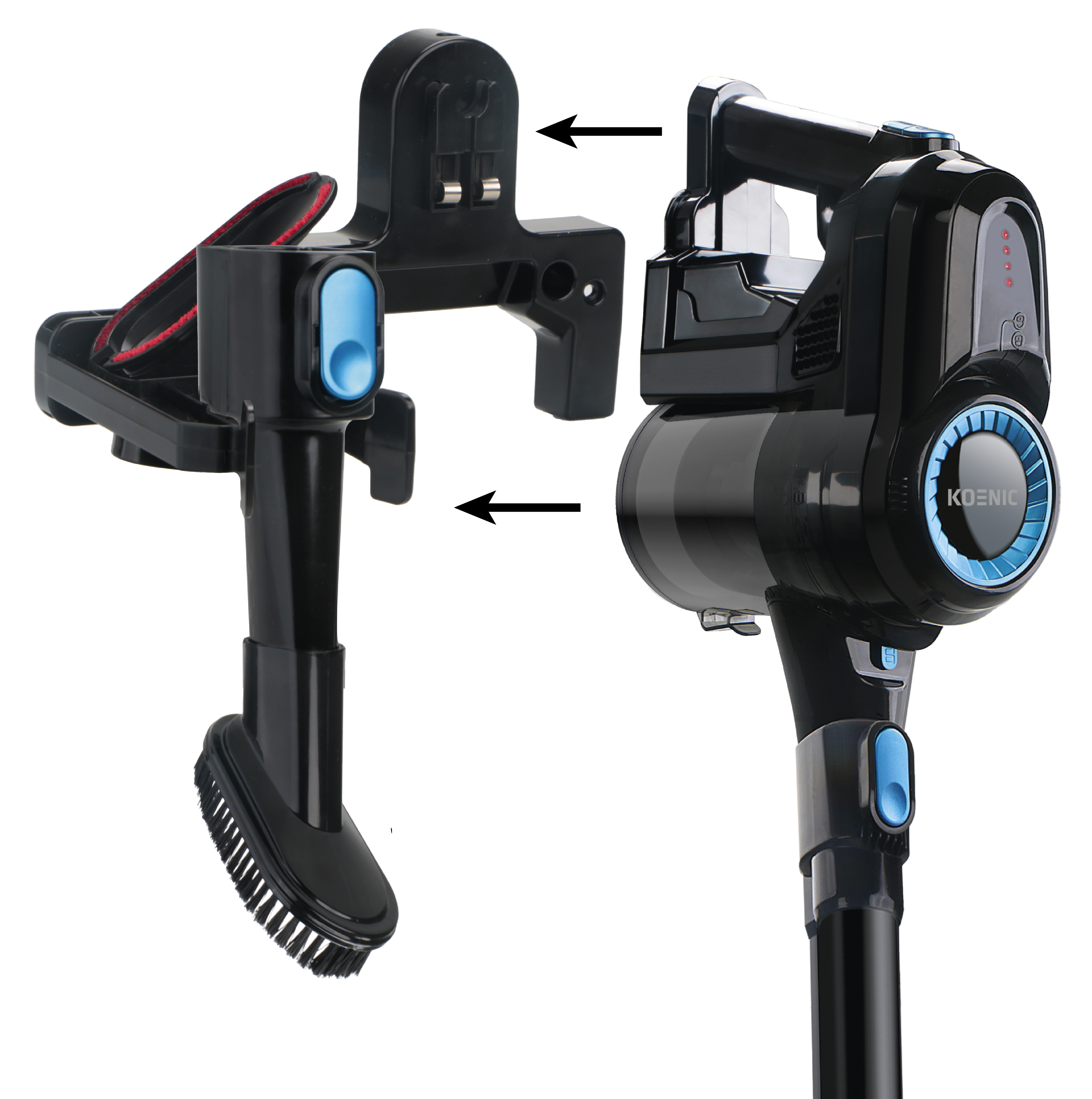 Czarny odkurzacz bezprzewodowy z akcesoriami. Strzałki wskazują dopasowanie. Niebieskie akcenty i szczotka.