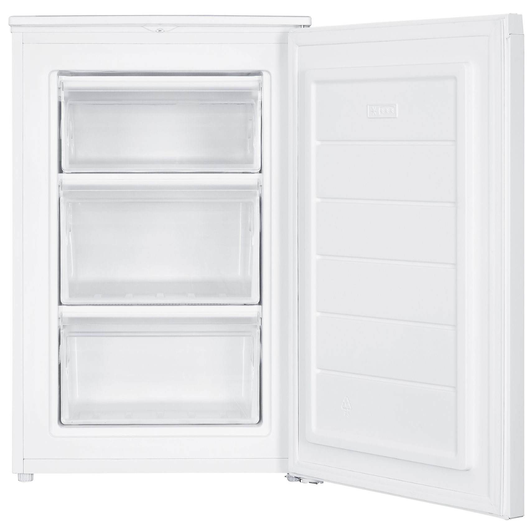 Biała zamrażarka z otwartymi drzwiami, pokazująca trzy przezroczyste szuflady i wnętrze drzwi.