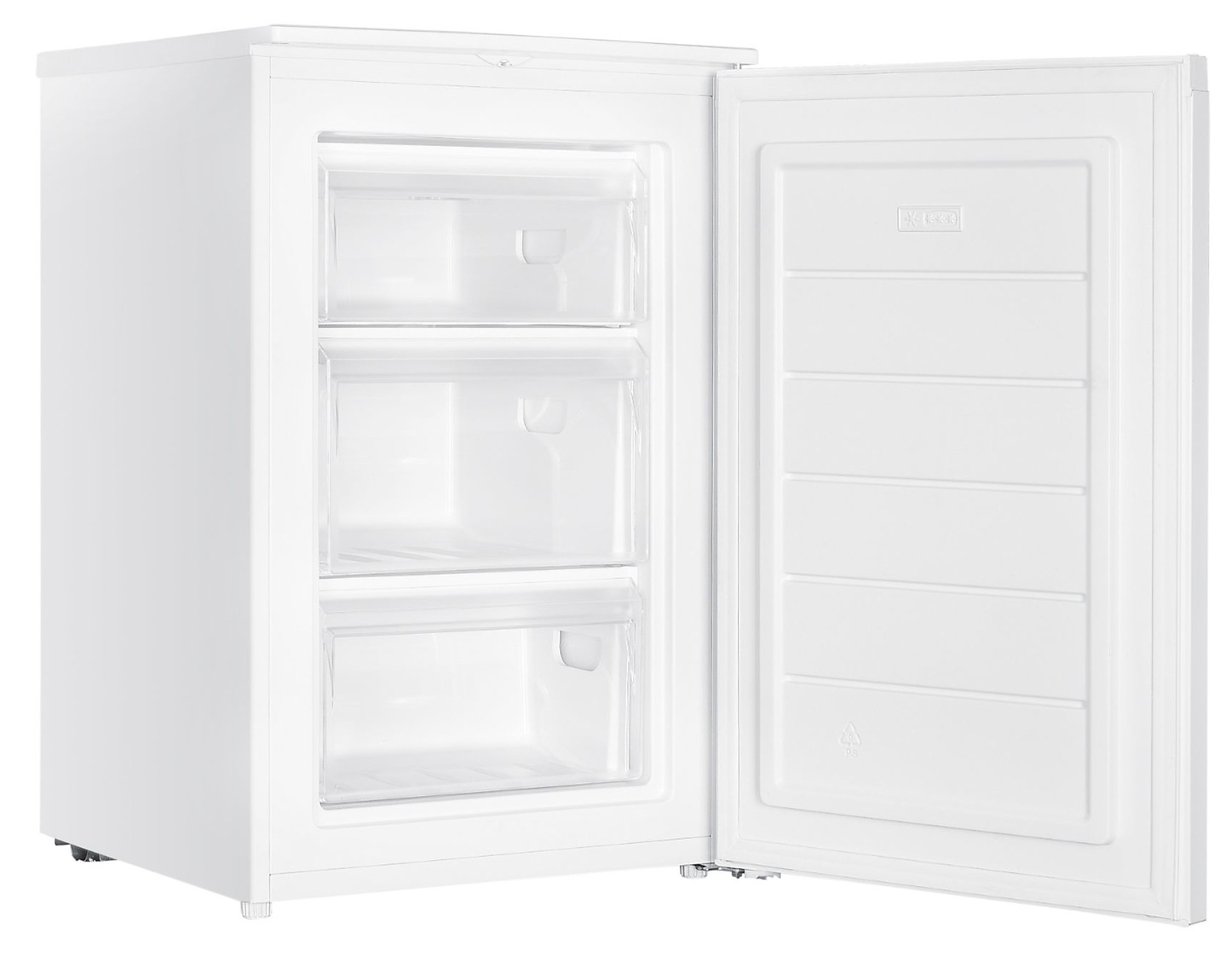 Biała zamrażarka z otwartymi drzwiami, pokazująca trzy szuflady i wnętrze drzwi. Zamrażarka stoi na białym tle.