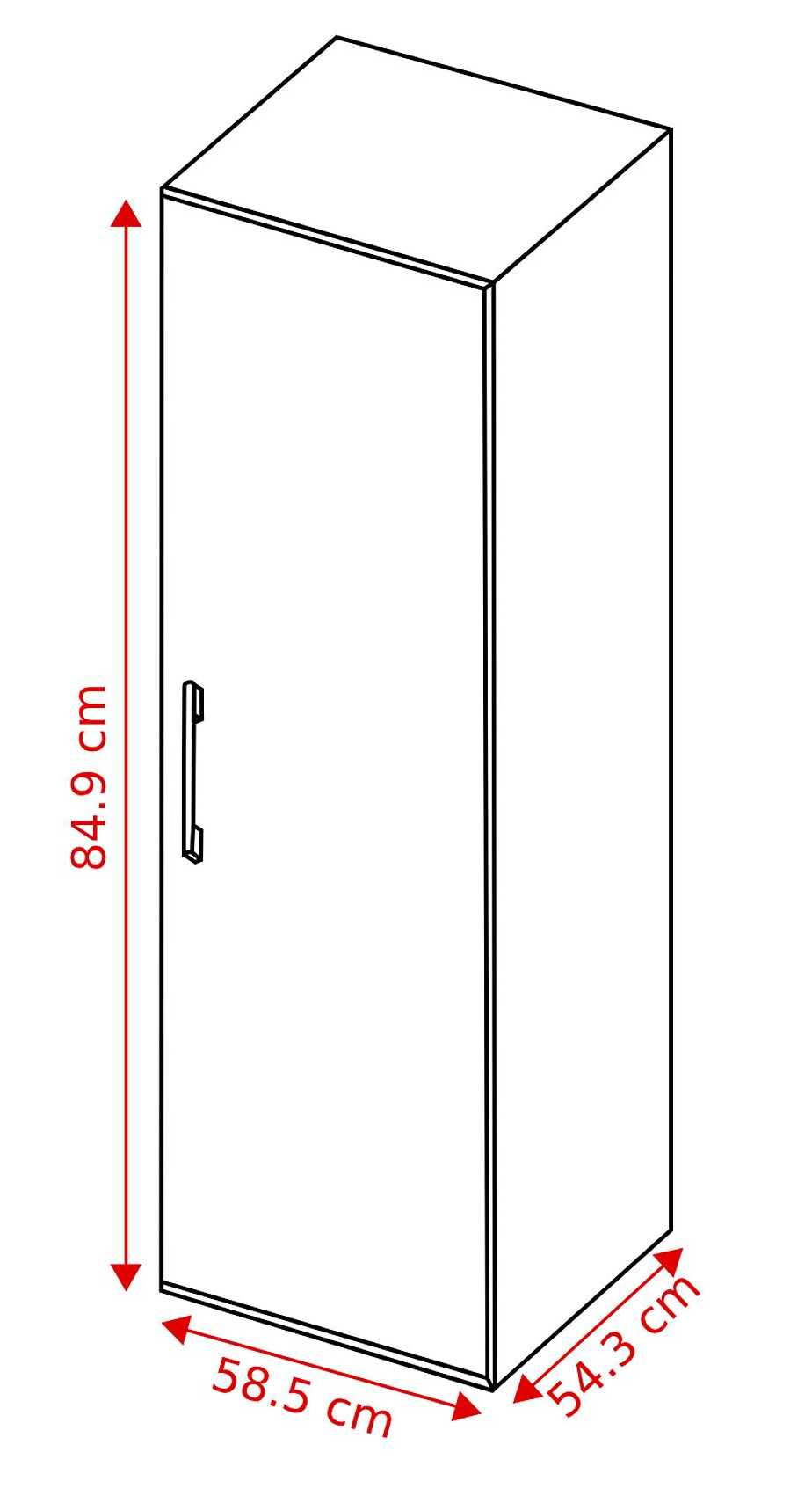 Biała szafka z uchwytem. Wymiary to 84,9 cm wysokości, 58,5 cm szerokości i 54,3 cm głębokości.
