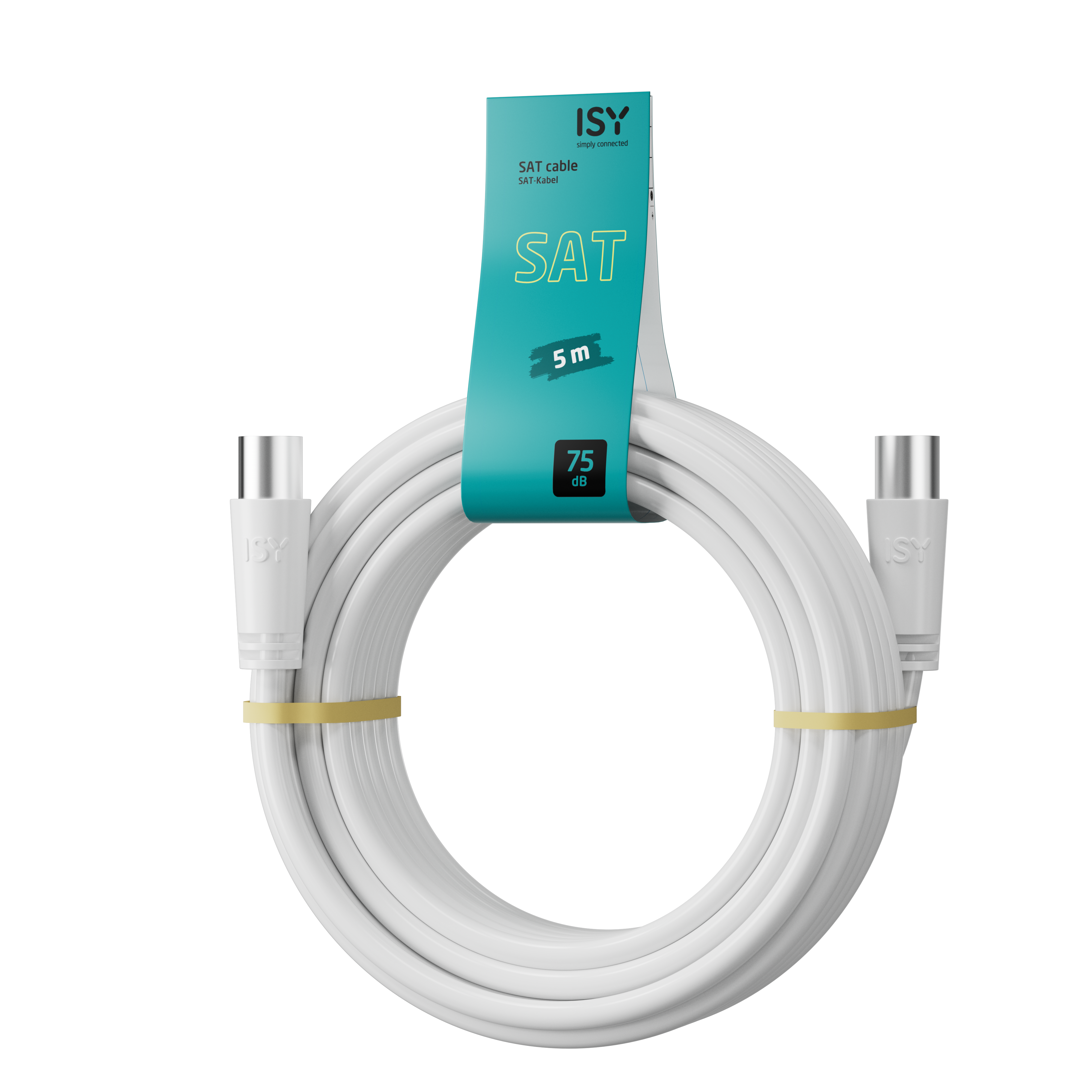 Biały kabel SAT z wtykami na obu końcach. Posiada zieloną etykietę z nazwą marki i specyfikacją kabla.