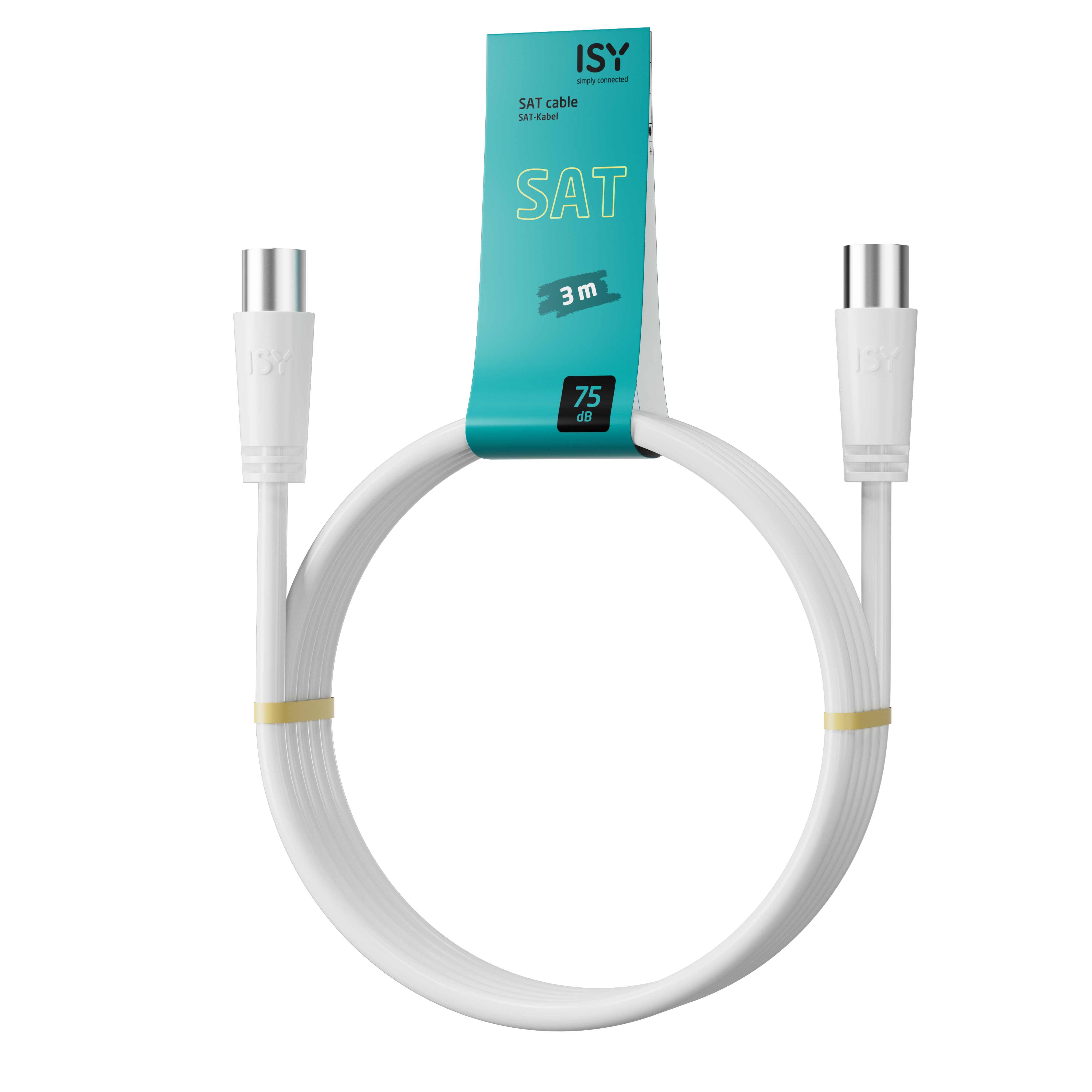 Biały kabel SAT z wtyczkami i etykietą, na czarnym tle. Kabel ma 3 m długości.