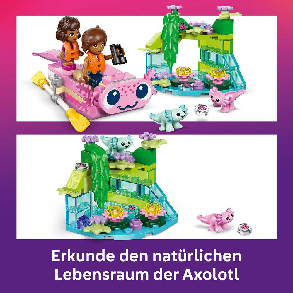 Lego-Set mit Axolotl-Habitat. Zwei Figuren stehen auf einer rosa Struktur. Axolotl-Figuren und Wasserpflanzen sind ebenfalls vorhanden.