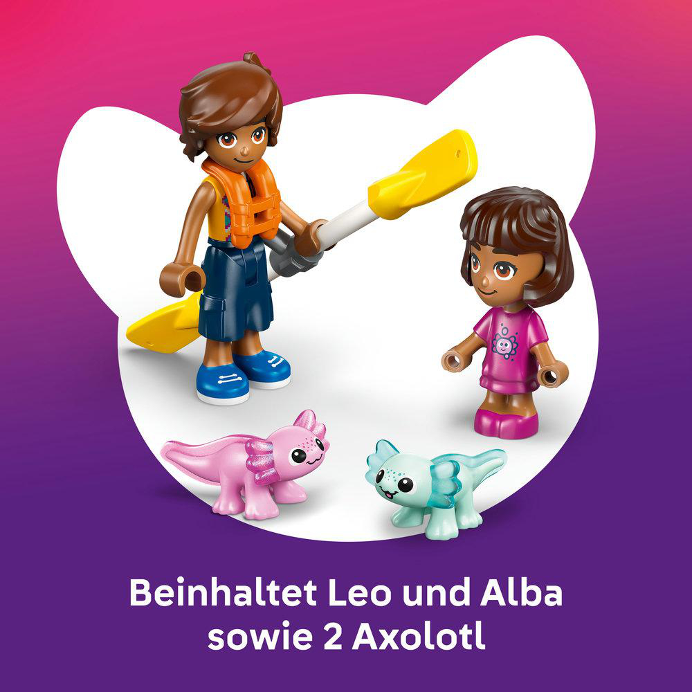 Das Bild zeigt zwei Lego-Figuren mit einem Paddel und zwei Axolotl-Figuren. Der Text unten lautet "Enthält Leo und Alba sowie 2 Axolotl".