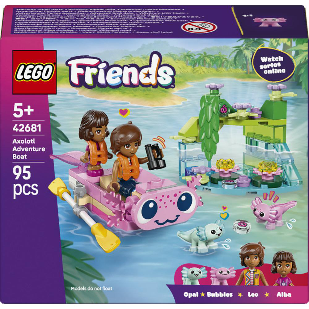 LEGO Friends Set mit Axolotl-Boot. Zwei Figuren in orangefarbenen Westen auf dem Boot. Andere Figuren und Axolotl sind ebenfalls sichtbar.