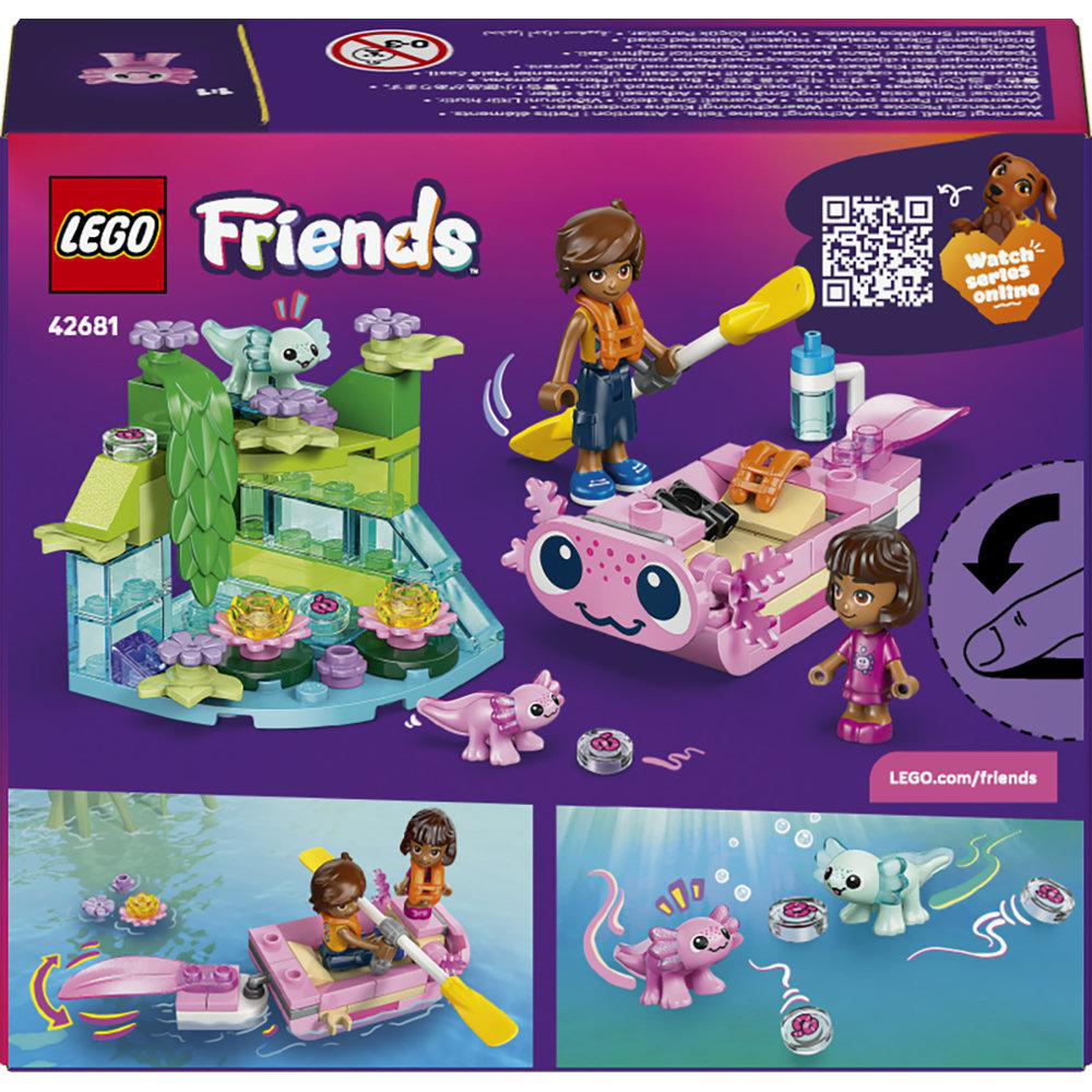 Lego Friends Box-Art. Mit Axolotl, Boot und Figuren. Lila Wasser, grüne und rosa Lego-Strukturen. Figuren mit Paddeln.