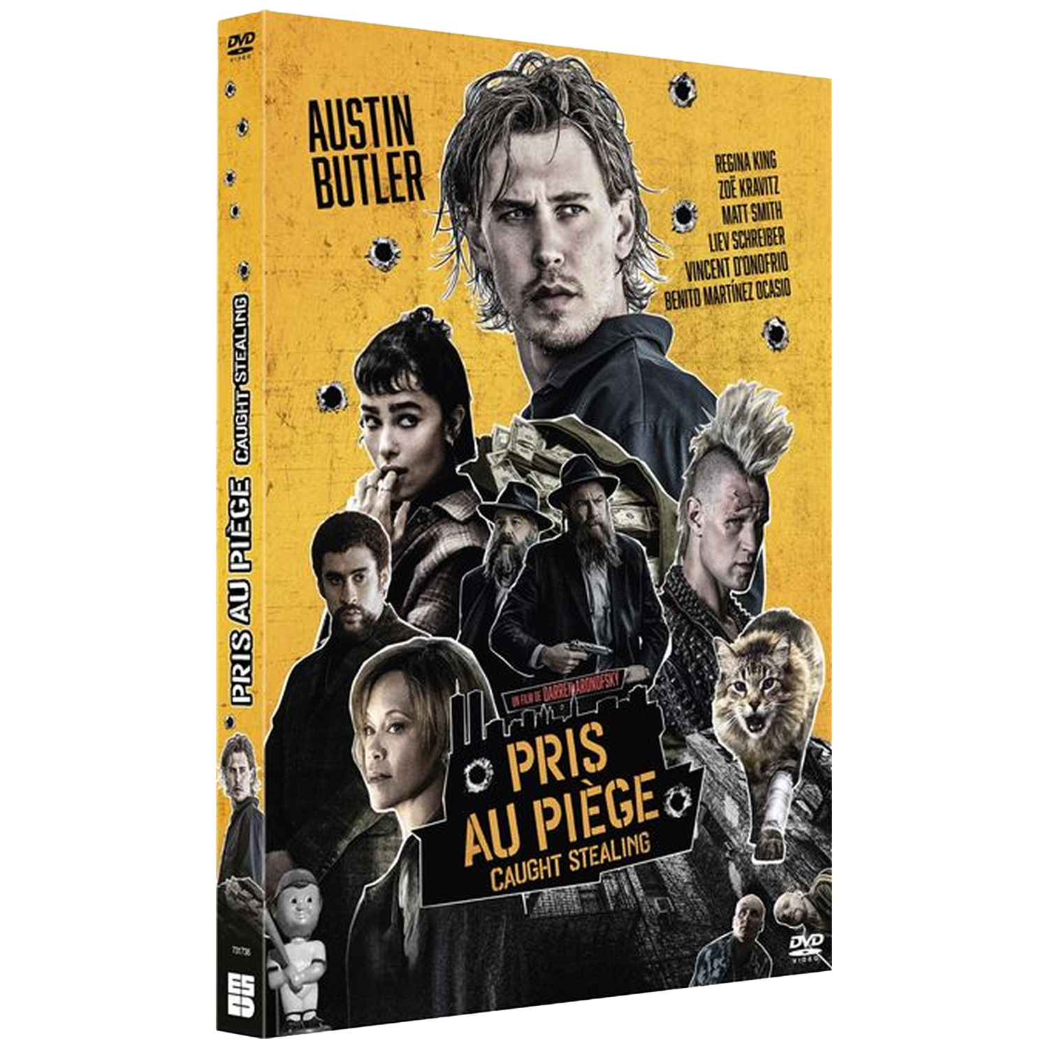 Couverture DVD. Austin Butler, Zoë Kravitz et d'autres sont présents. Le titre est "Pris Au Piege: Caught Stealing". Un chat est au premier plan.