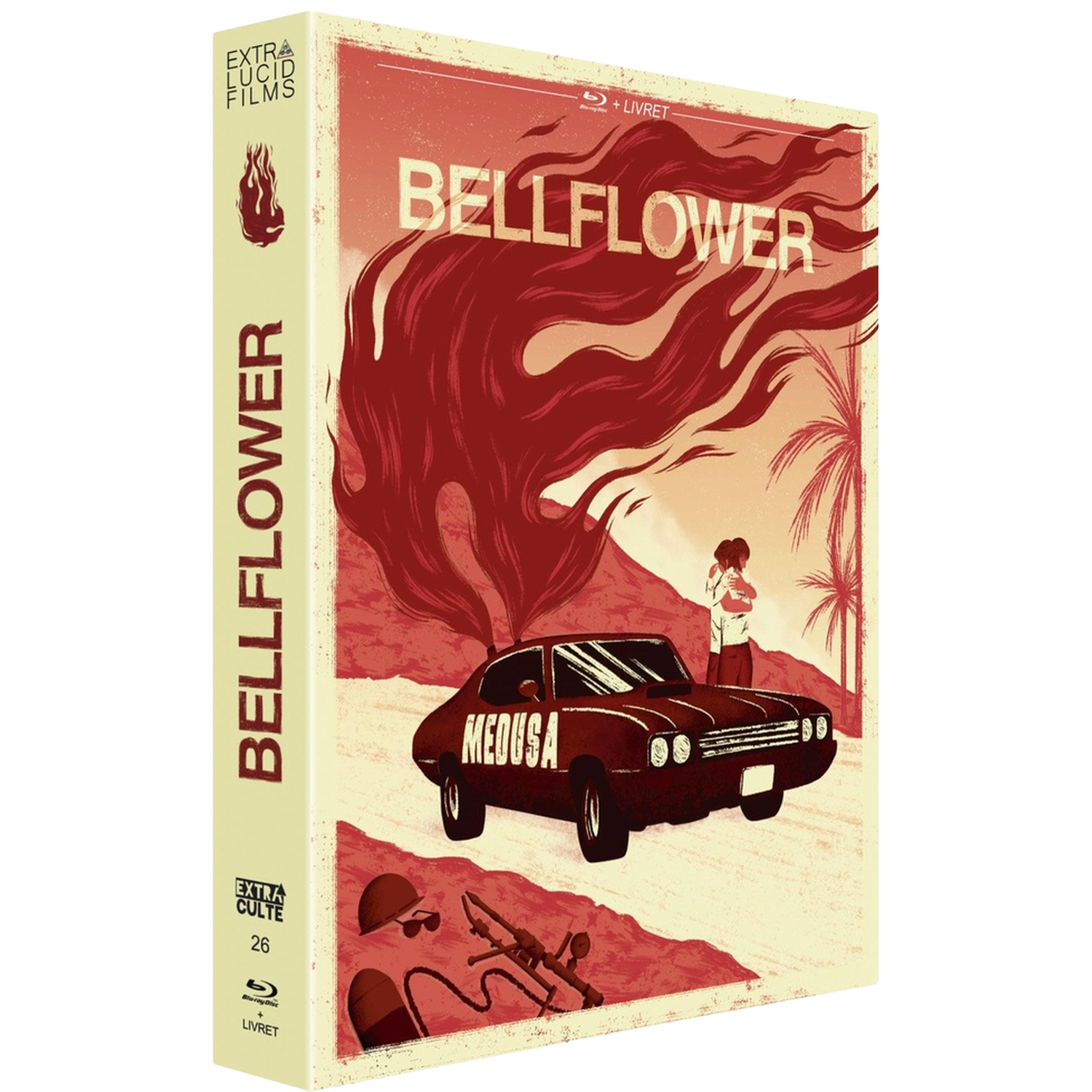 DVD-hoes. Een auto met 'Medusa', twee mensen die elkaar omhelzen en de titel 'Bellflower'. Rood en beige domineren.