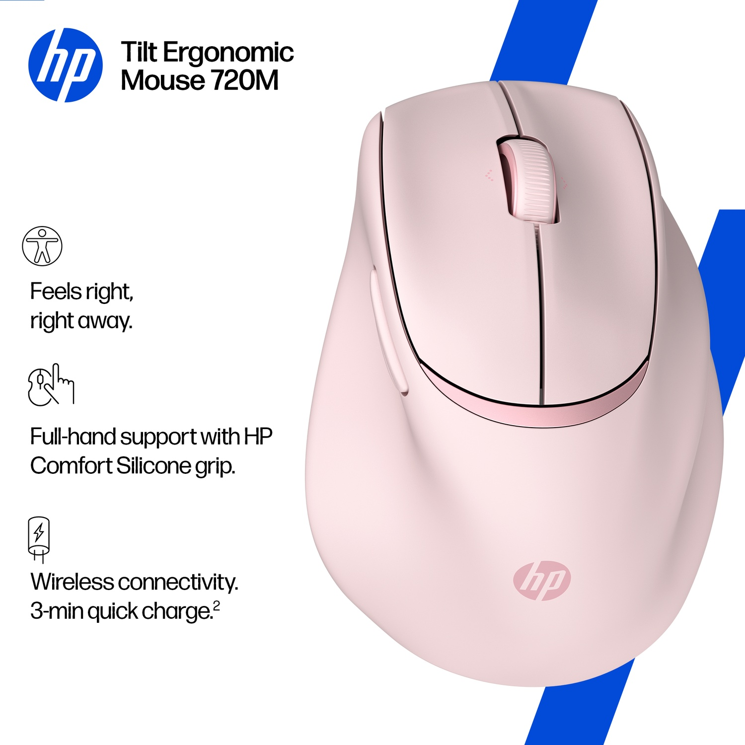 Souris ergonomique HP rose. Comprend une connectivité sans fil et une charge rapide. Le fond a des rayures bleues et le logo HP.