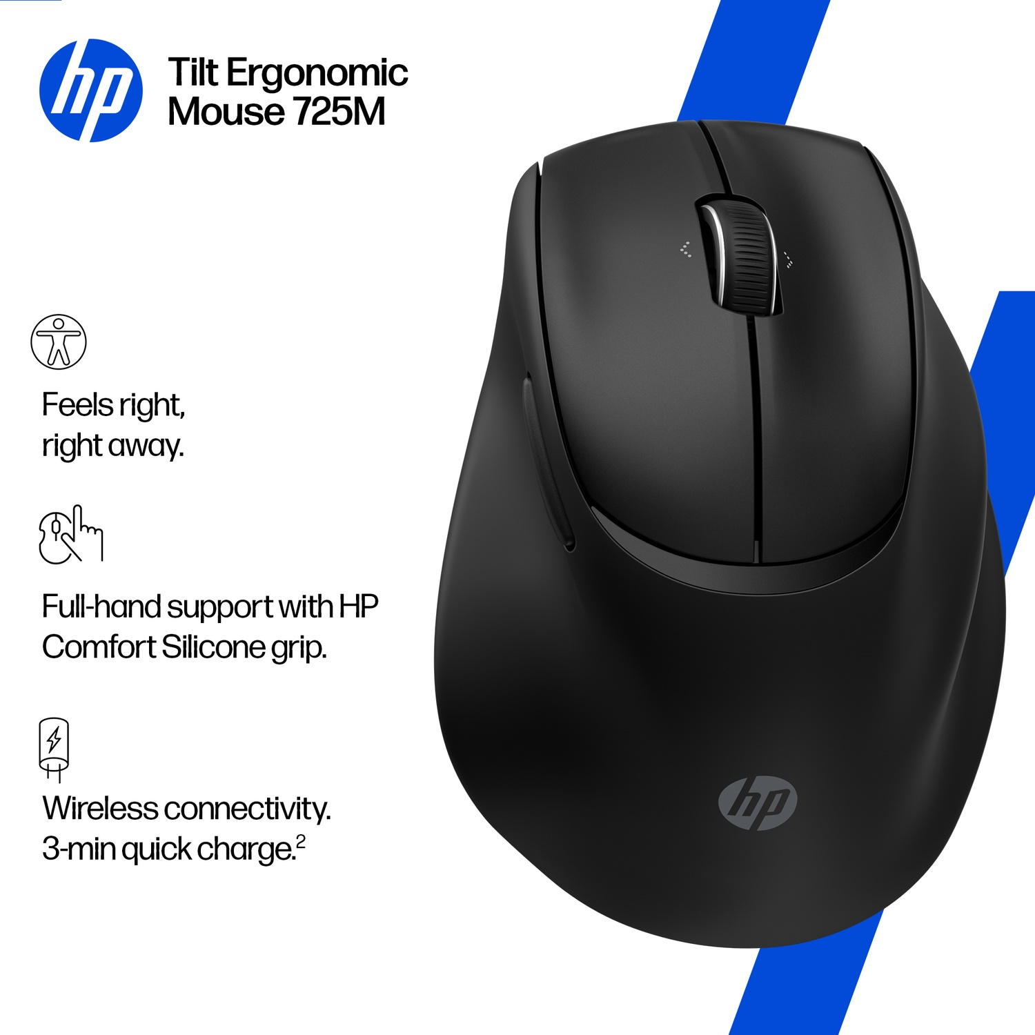 Souris ergonomique HP Tilt 725M noire. Caractéristiques : support complet de la main, connectivité sans fil et charge rapide de 3 min.