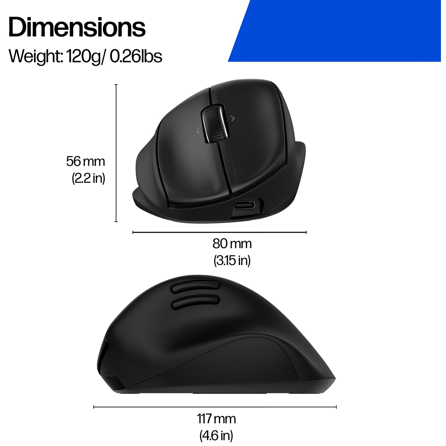 Souris ergonomique noire avec dimensions. Vue de dessus montre une molette, vue latérale montre des boutons. Mesures fournies.