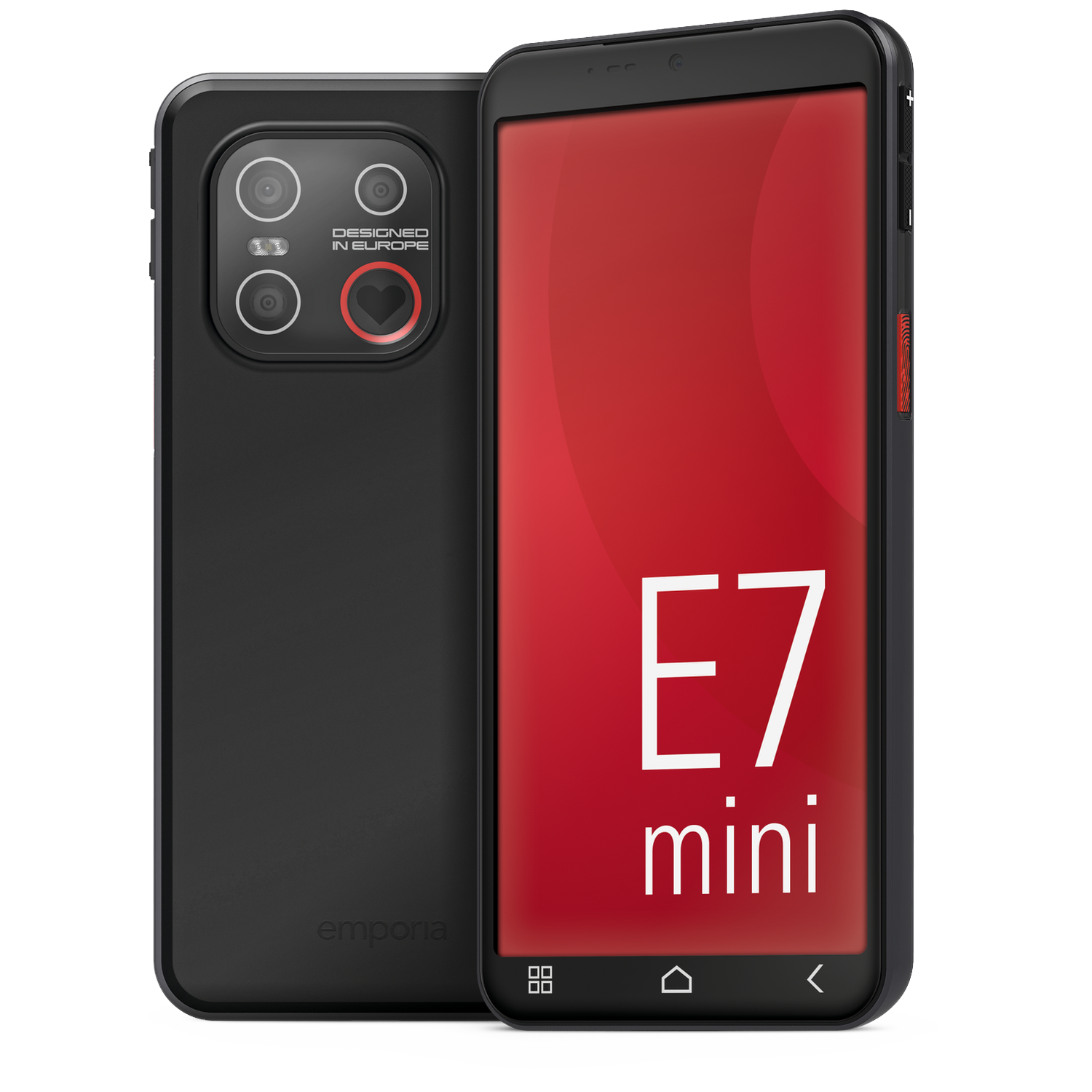 Zwarte Emporia E7 mini smartphone met rood scherm, achterkant met camera en hart design. Telefoon rechts, achterkant links.