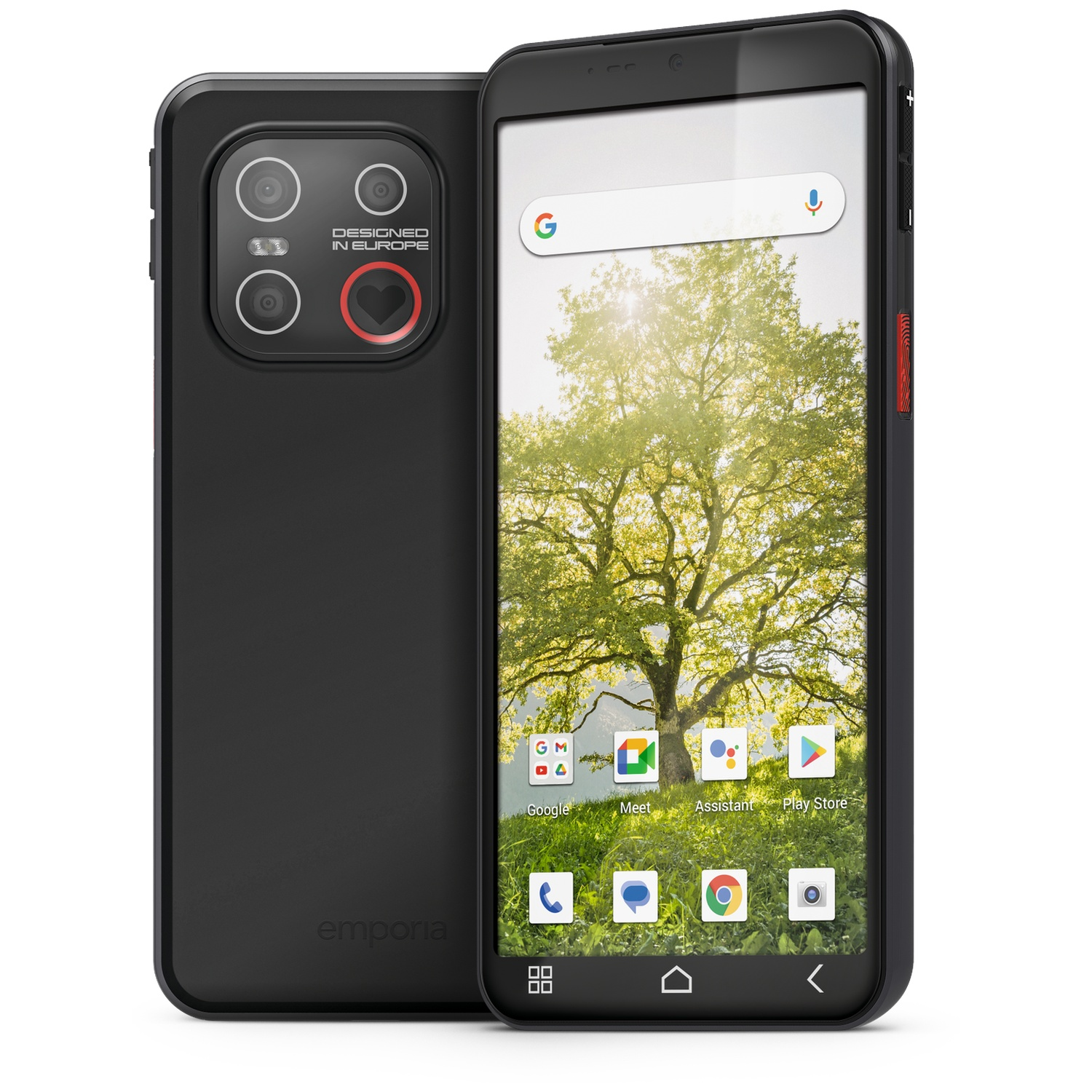 Zwarte smartphone met boomachtergrond. De achterkant heeft camera's en een hart. Het scherm toont app-iconen en een zoekbalk.