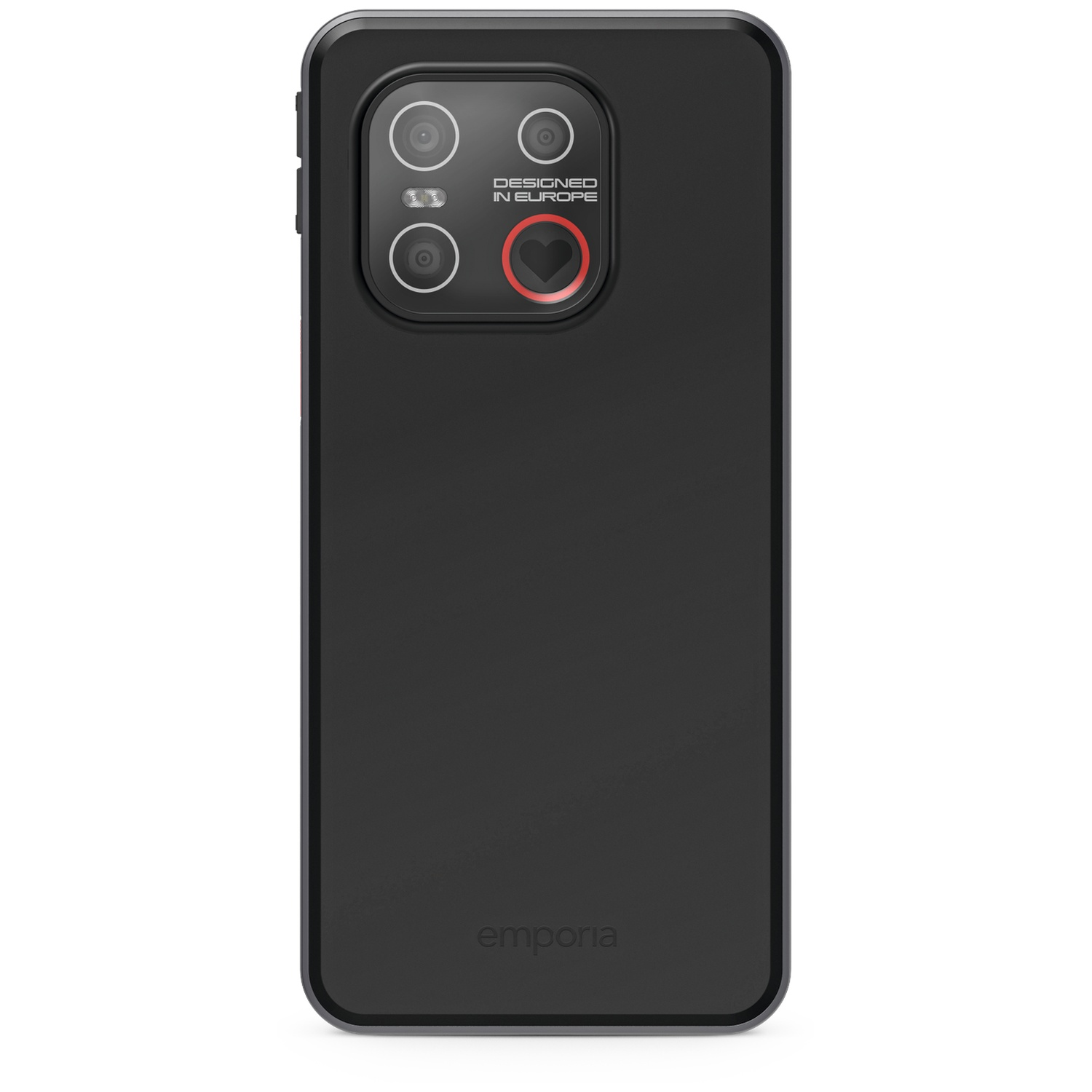 Zwarte telefoonhoes met cameralenzen, hartdetail, en de woorden 'Designed in Europe' en 'emporia'.