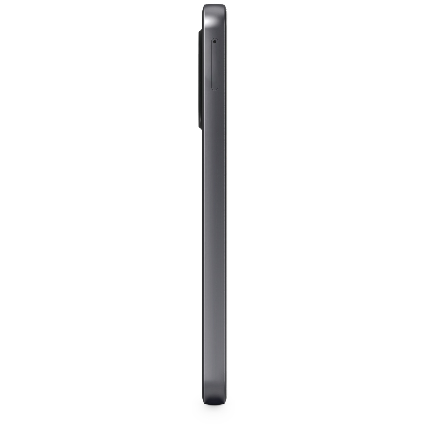 Zijaanzicht van een donkergrijze smartphone. De telefoon staat verticaal, met een camerabult en SIM-kaartsleuf zichtbaar.