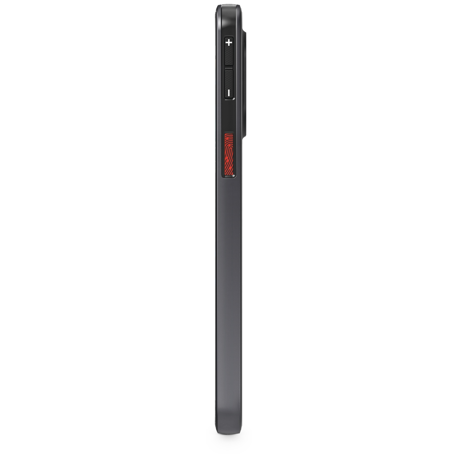 Zijaanzicht van een donkergrijze smartphonehoes. Het heeft volumeknoppen, een aan/uit-knop en een rood vingerafdruklogo.