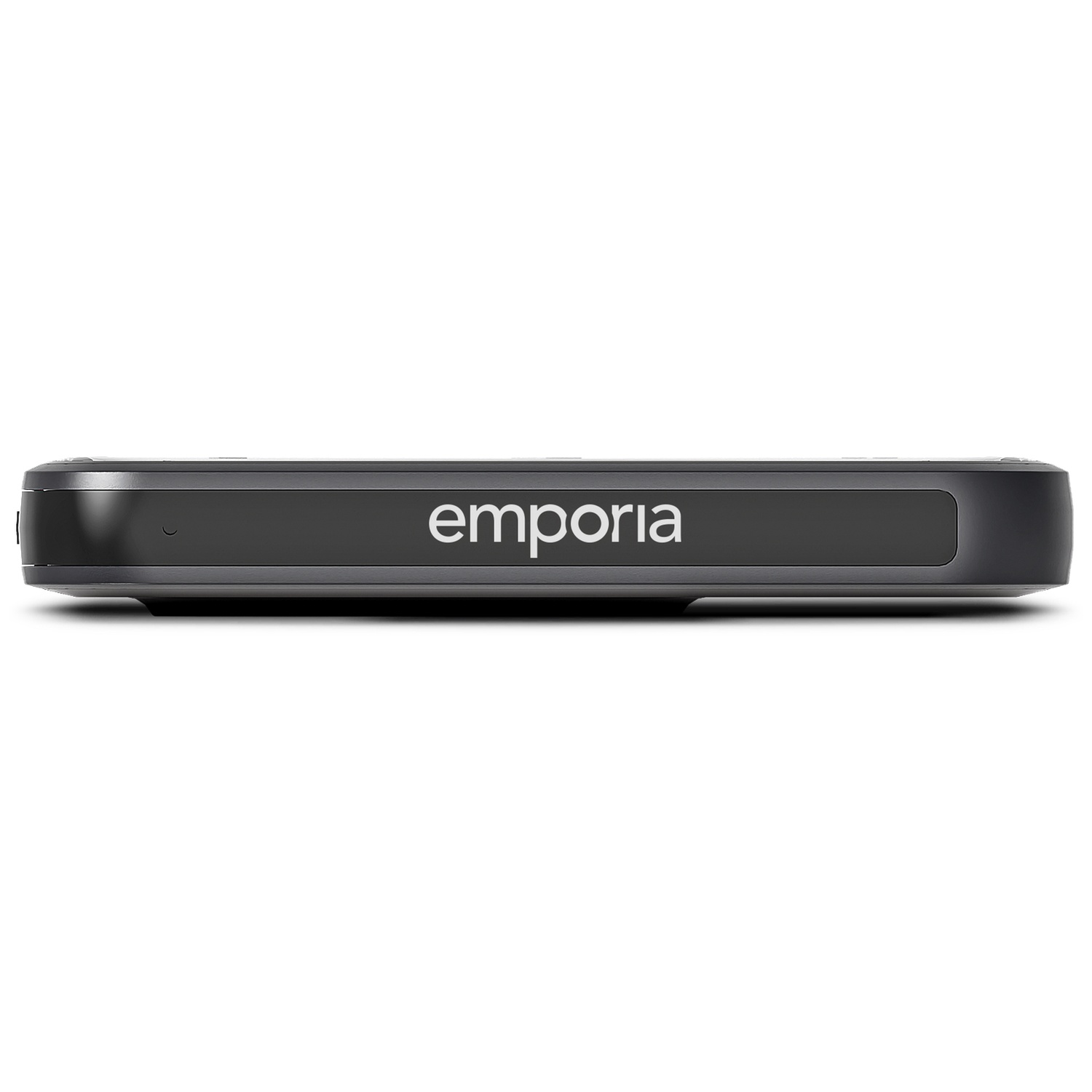 Een zwart apparaat met het woord 'emporia' in witte tekst. Het apparaat is rechthoekig en ligt op een witte achtergrond.